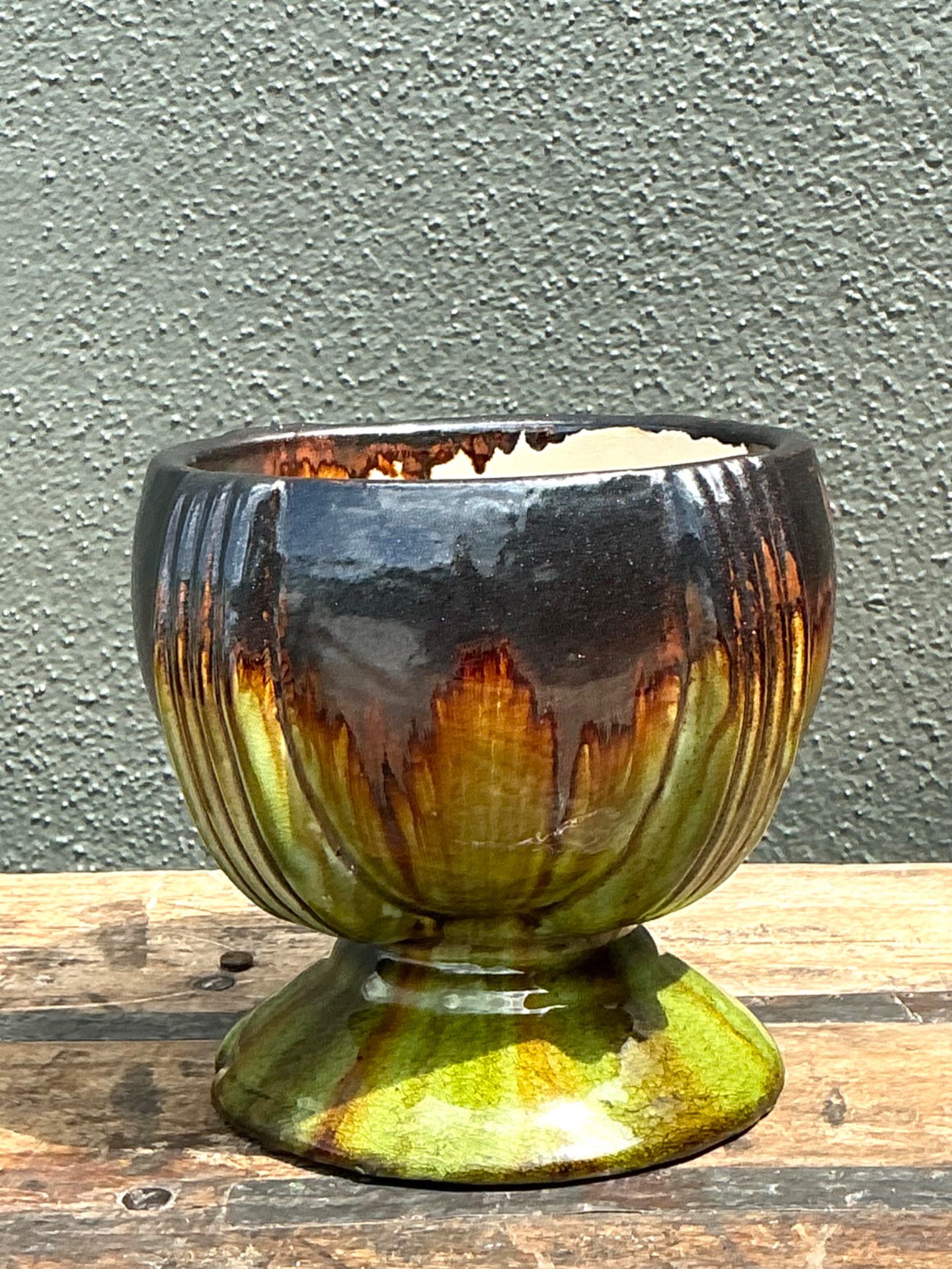 Vintage Drip Glaze Ceramic Pedestal Bowl - Top view