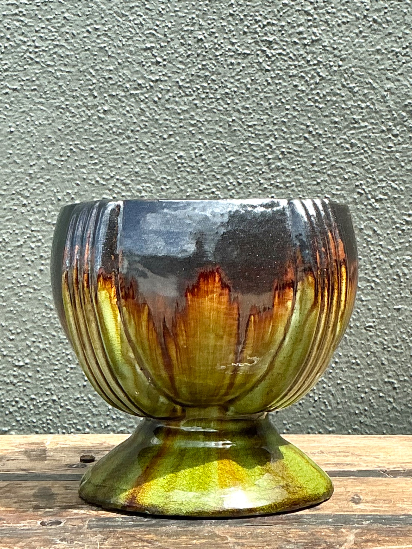 Vintage Drip Glaze Ceramic Pedestal Bowl - Top view