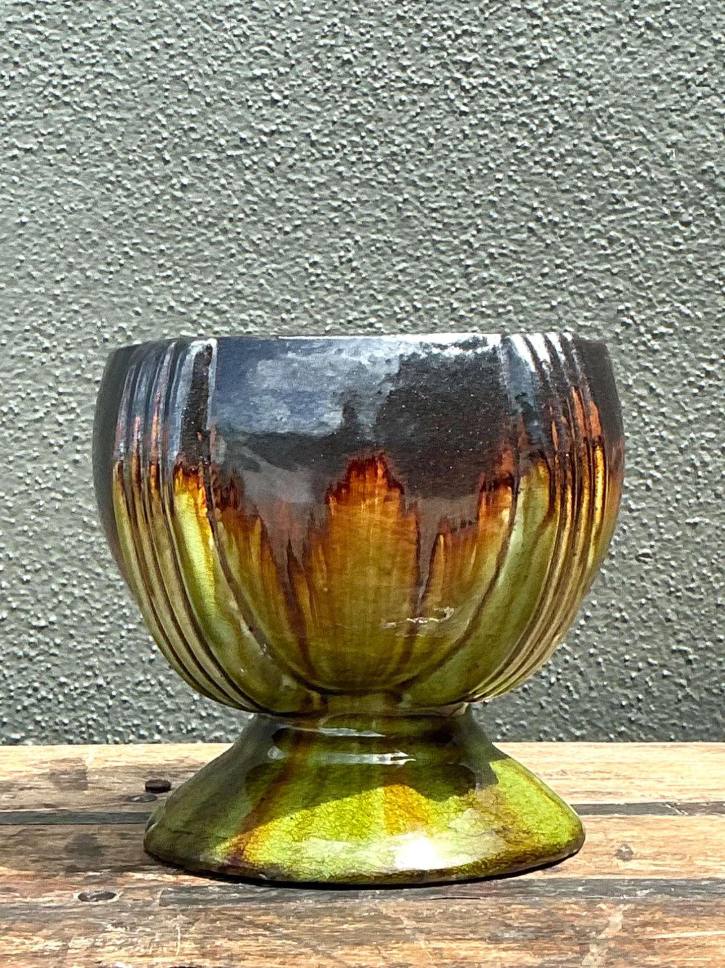 Vintage Drip Glaze Ceramic Pedestal Bowl - Back view