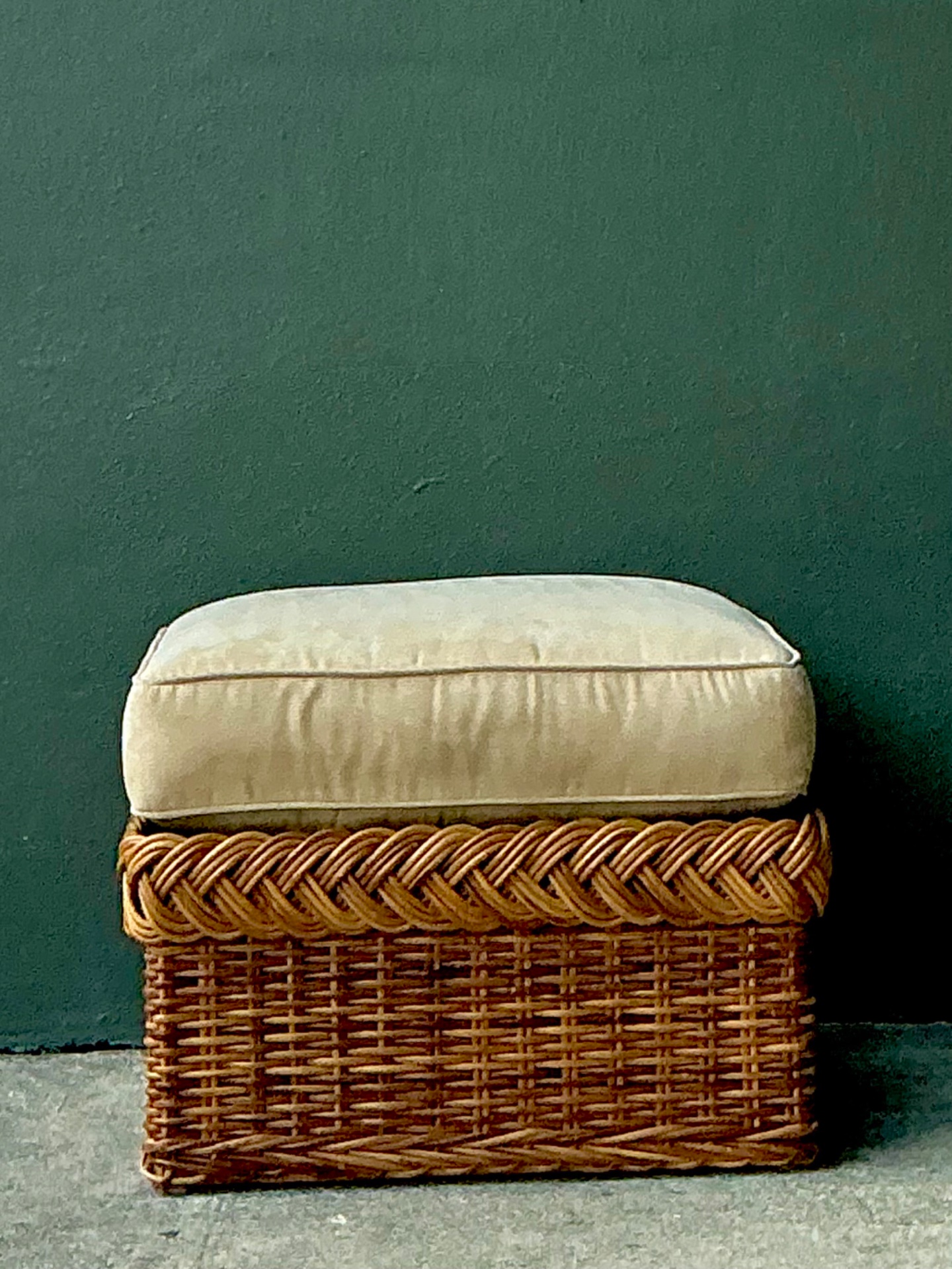Vintage Braided Rattan Ottoman - Side view