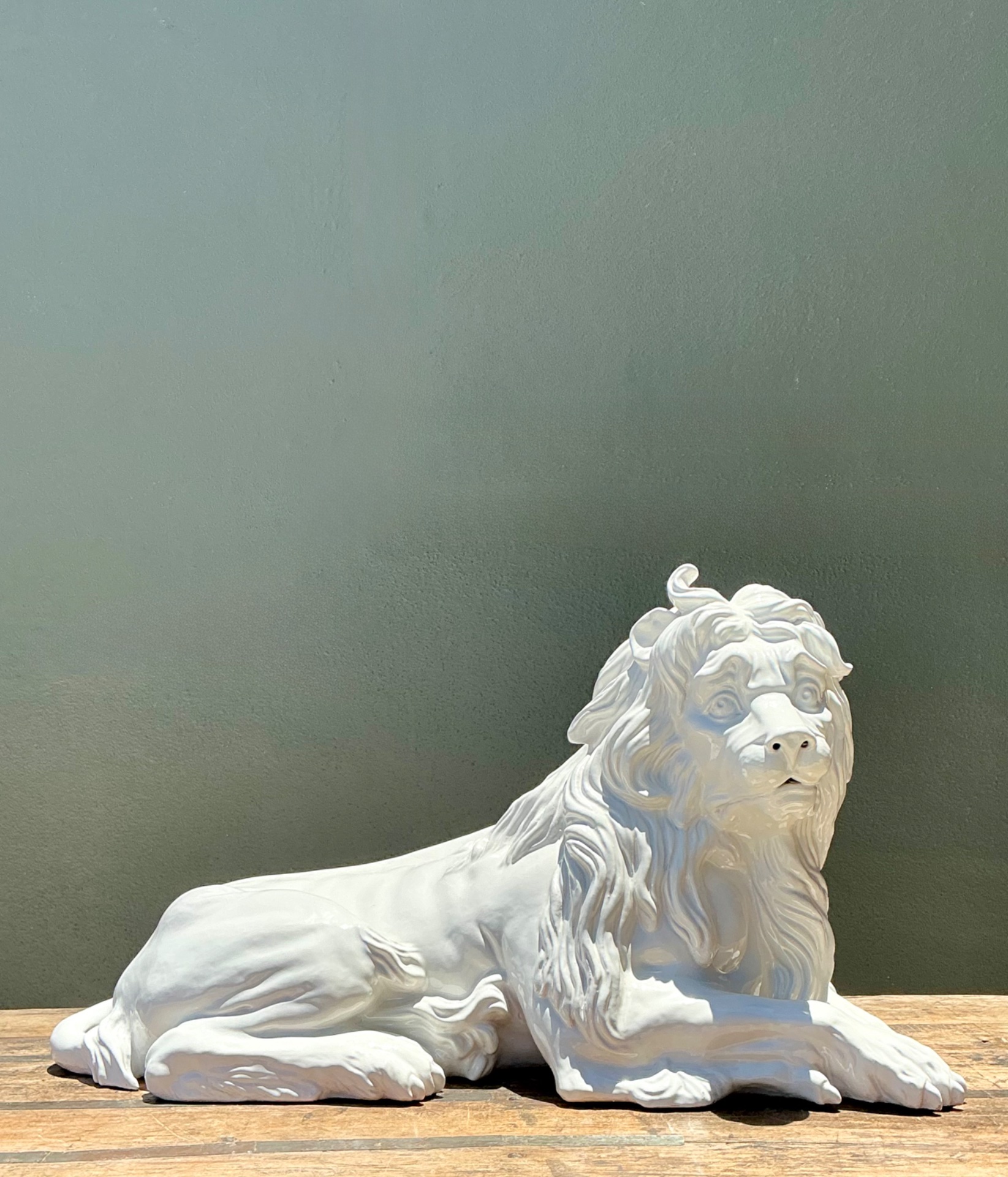 Vintage White Glazed Lion Statue - Back view
