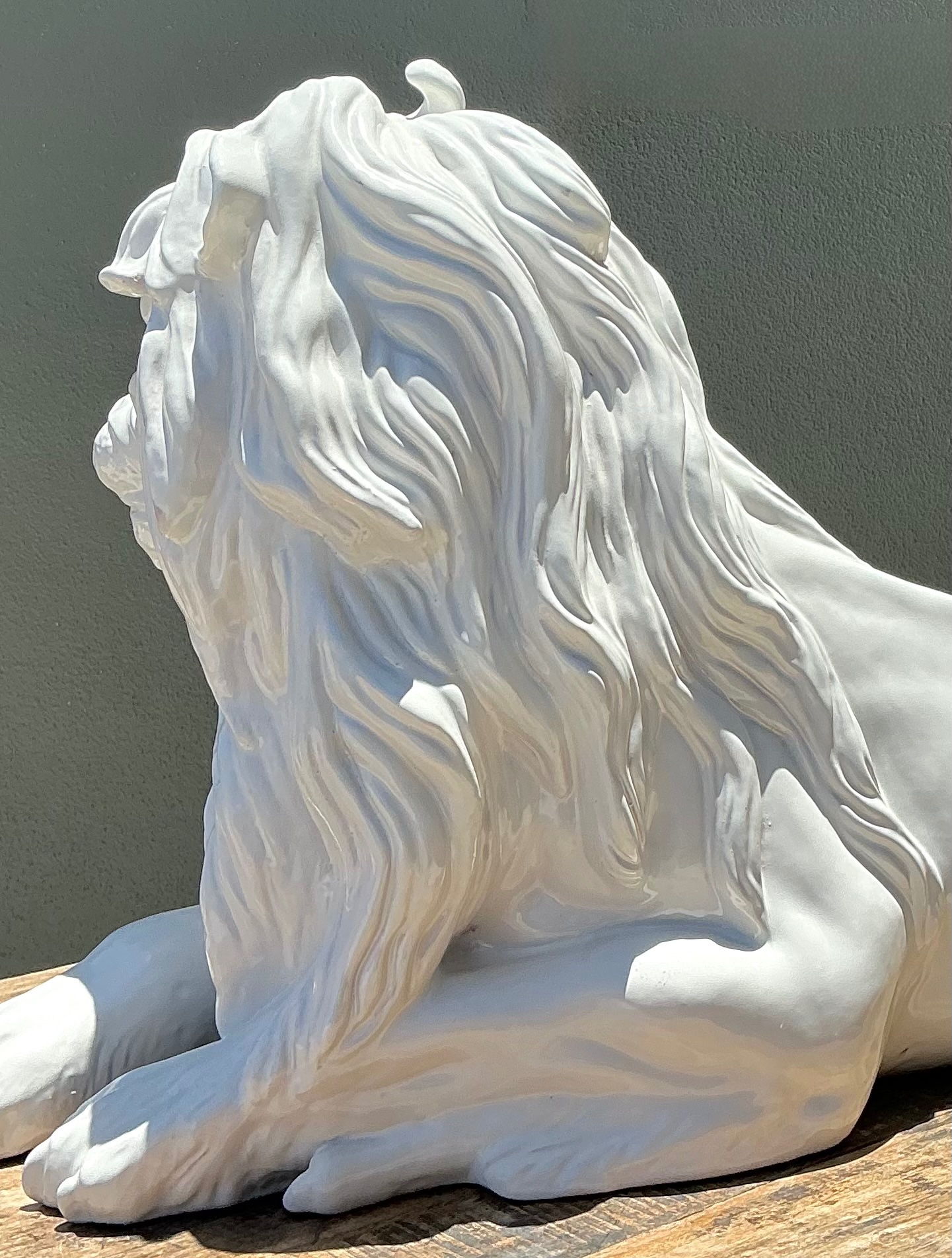 Vintage White Glazed Lion Statue - Side view
