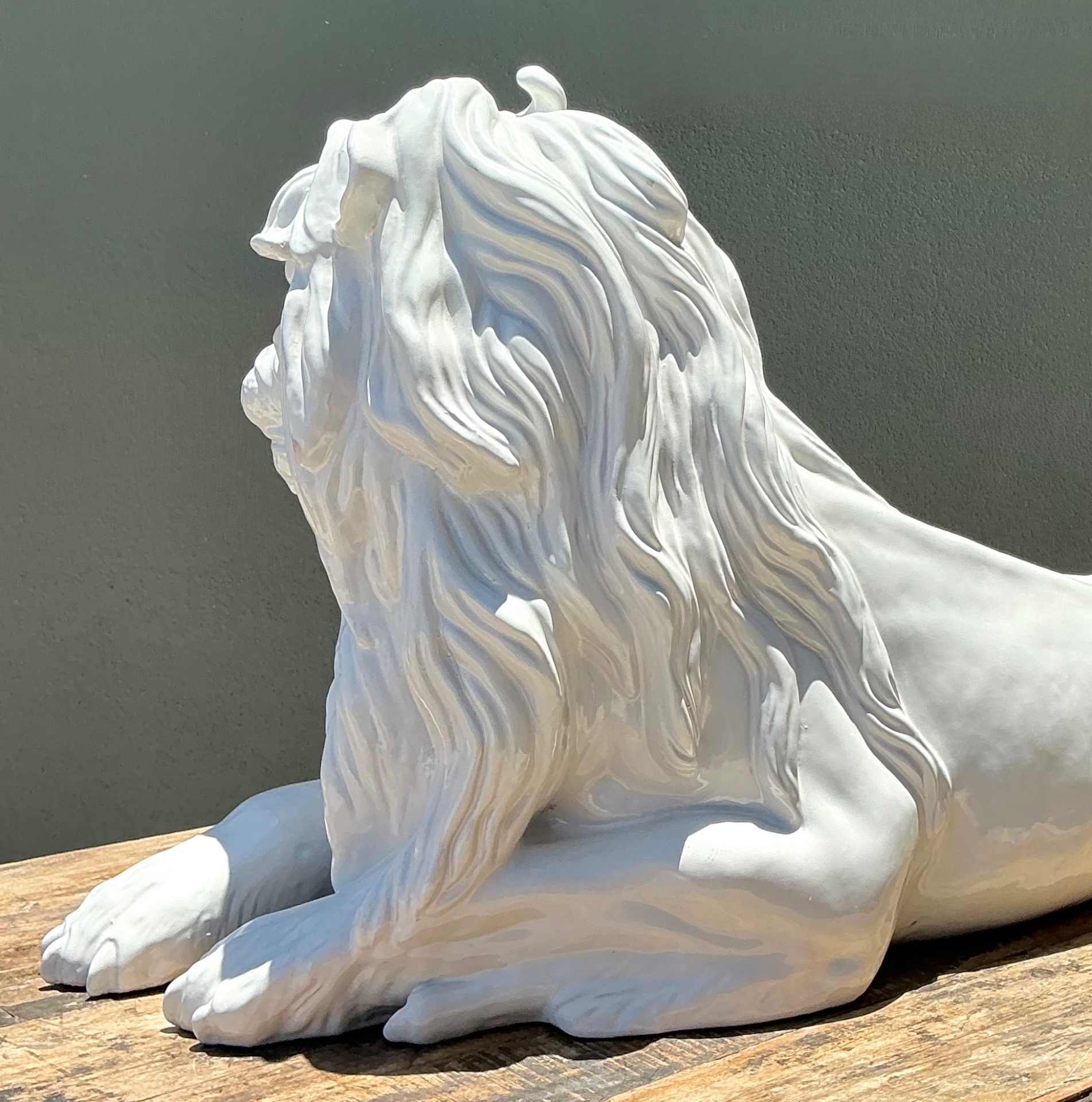 Vintage White Glazed Lion Statue - Top view