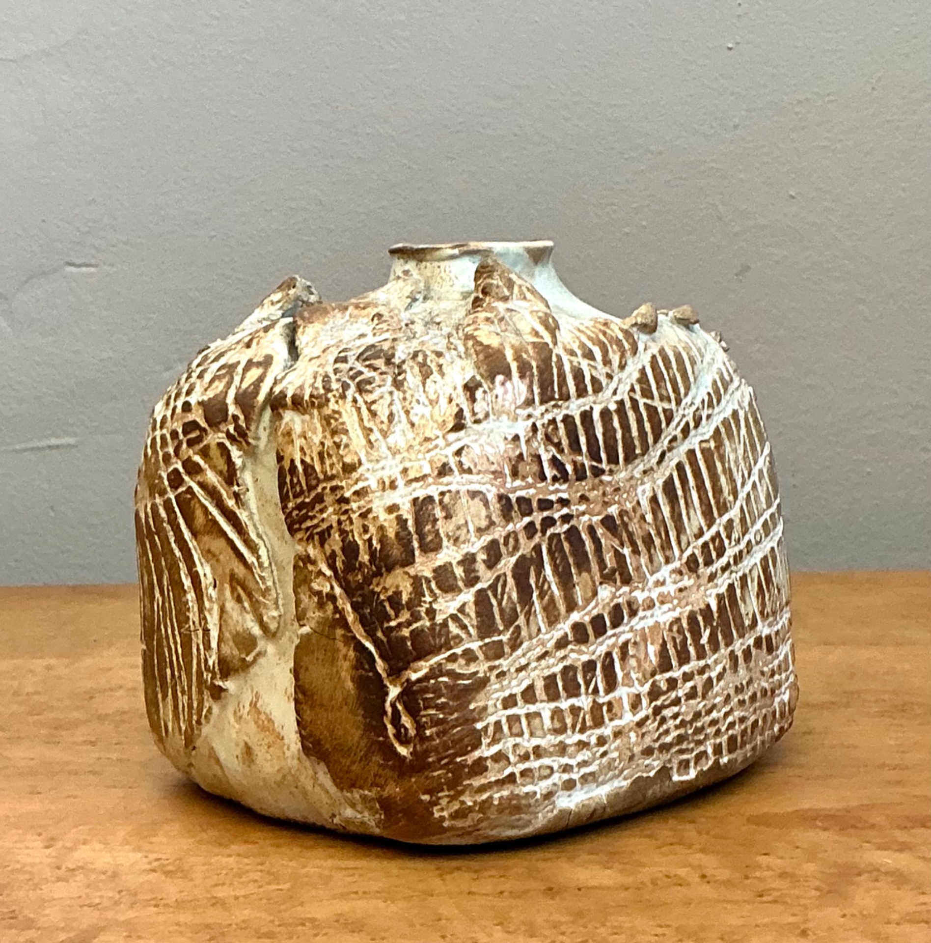 Vintage Textured Studio Pottery Vase - Ceramic, 5W x 4.5H - Detail view