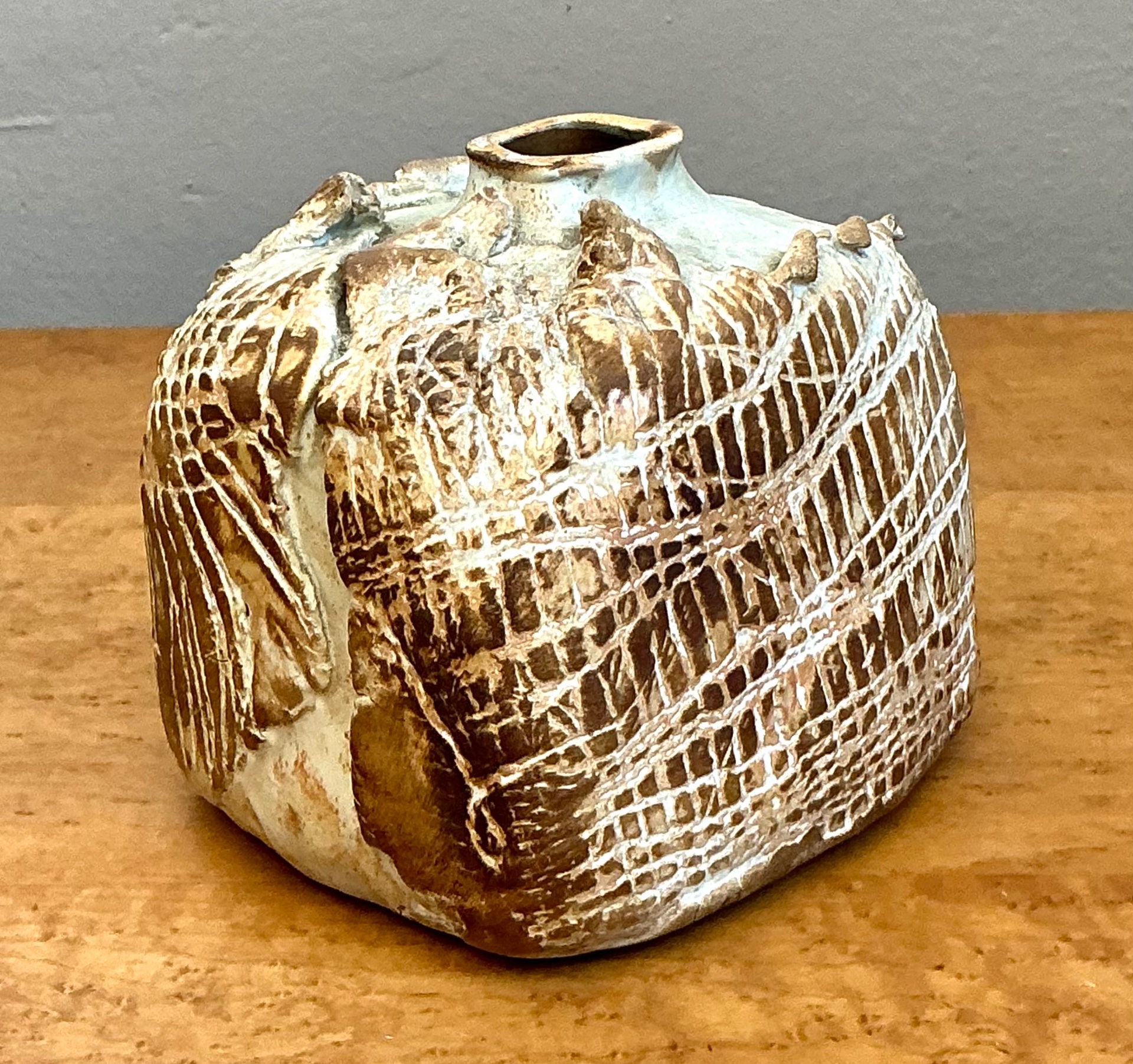 Vintage Textured Studio Pottery Vase - Ceramic, 5W x 4.5H - Back view