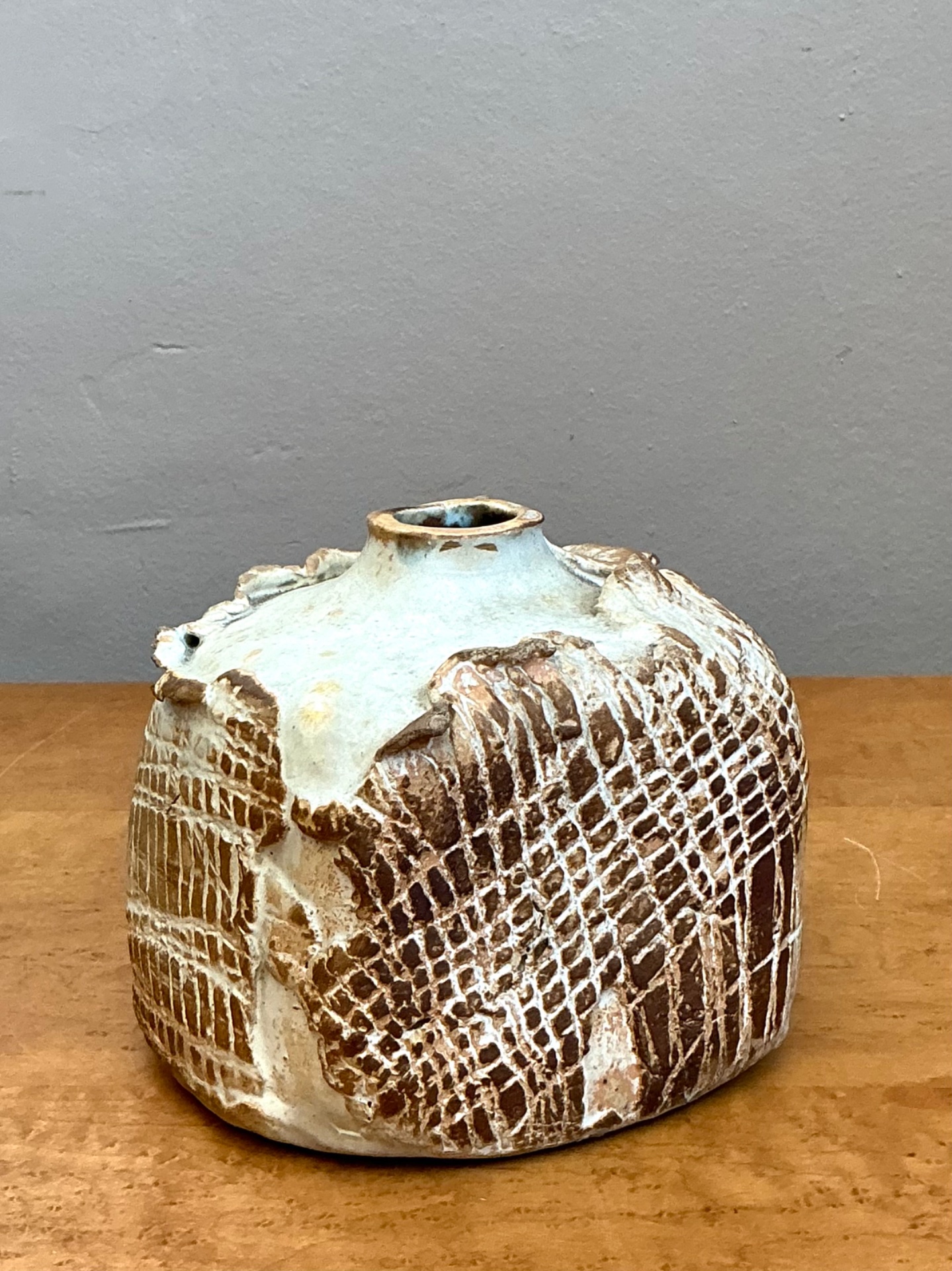 Vintage Textured Studio Pottery Vase - Ceramic, 5W x 4.5H - Side view