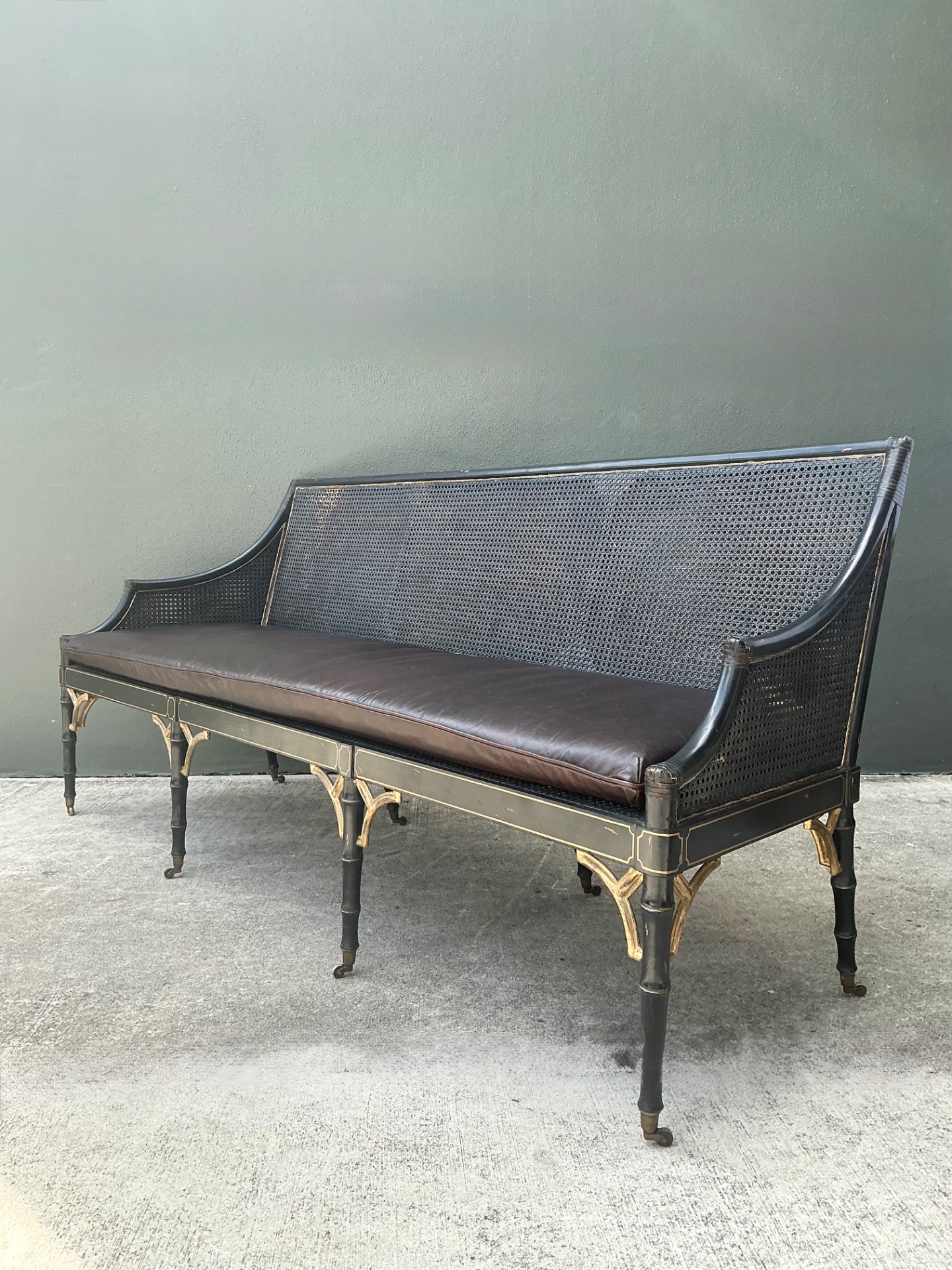 Vintage Leather Cushion Cane Settee - Side view
