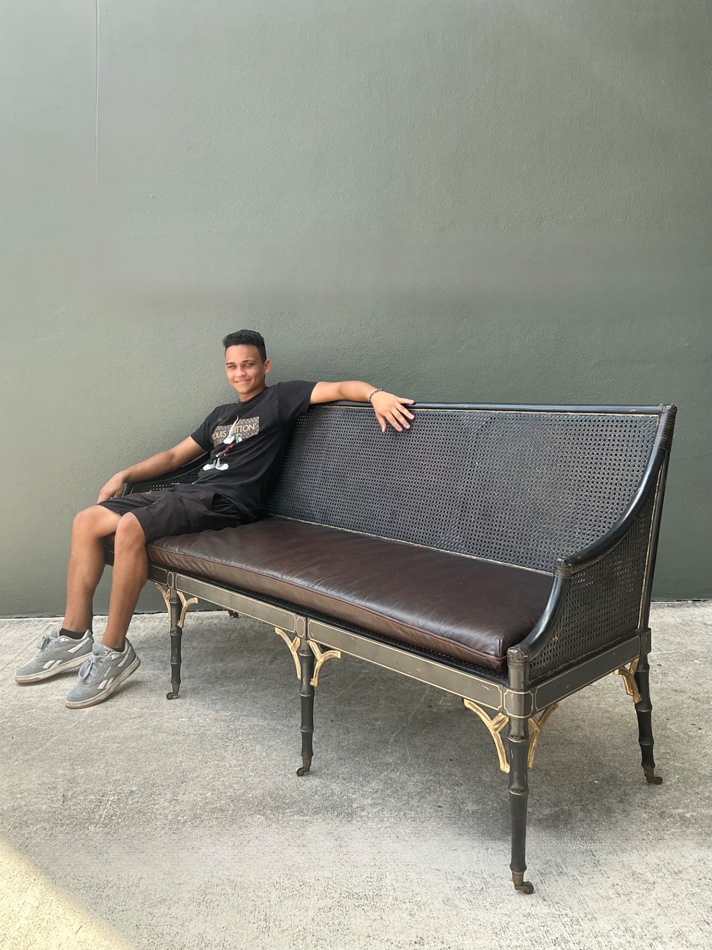 Vintage Leather Cushion Cane Settee - Back view
