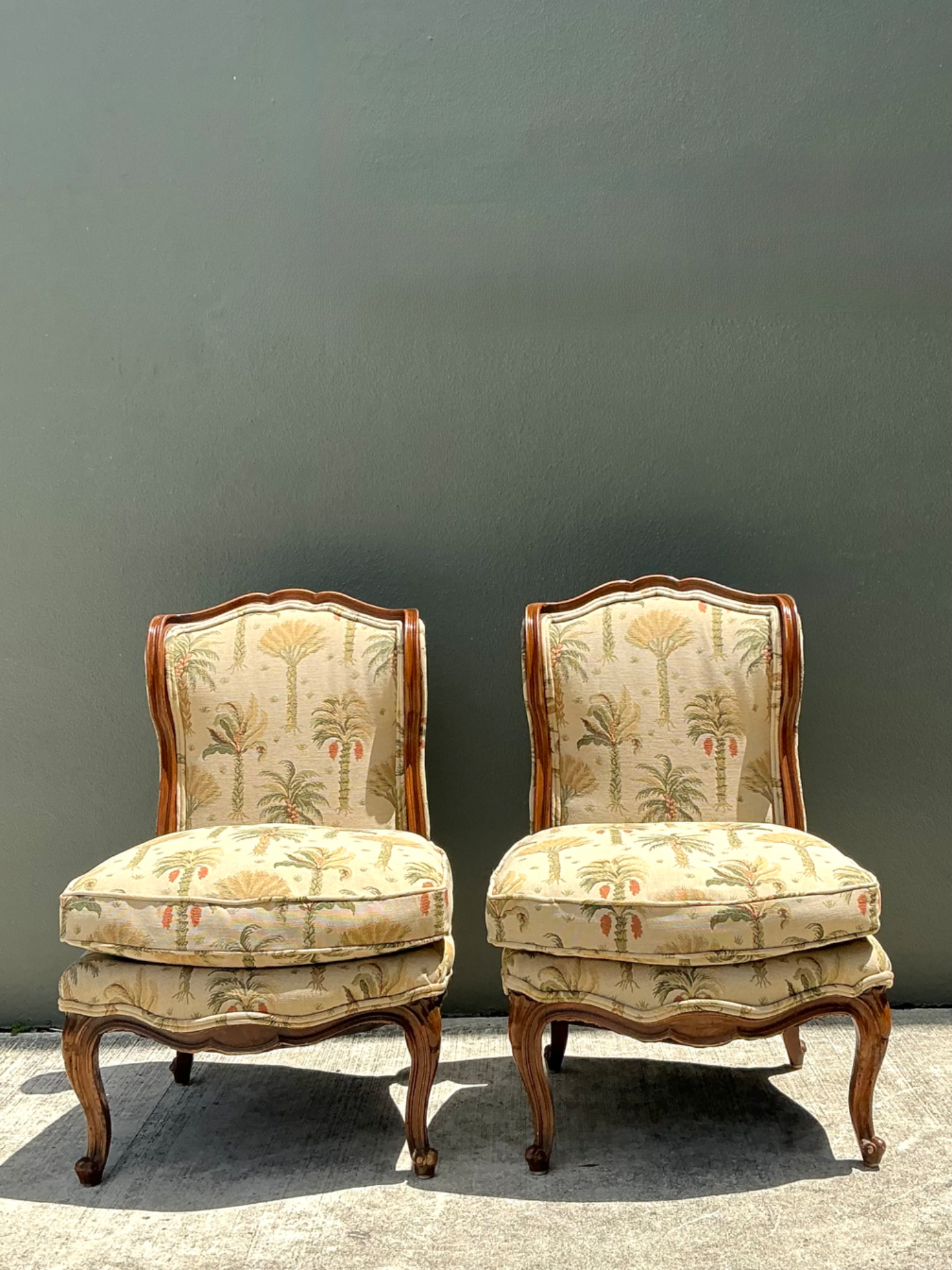 Vintage Palm Print Fabric Slipper Chairs - Pair - Detail view
