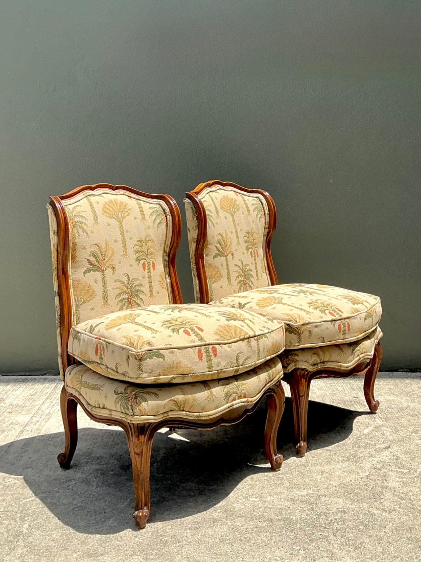 Vintage Palm Print Fabric Slipper Chairs - Pair - Back view