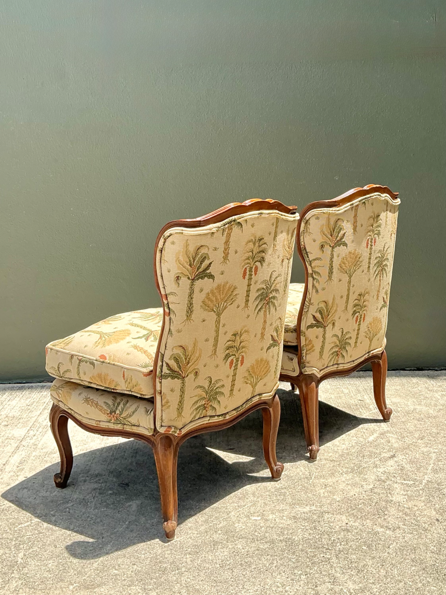 Vintage Palm Print Fabric Slipper Chairs - Pair - Top view
