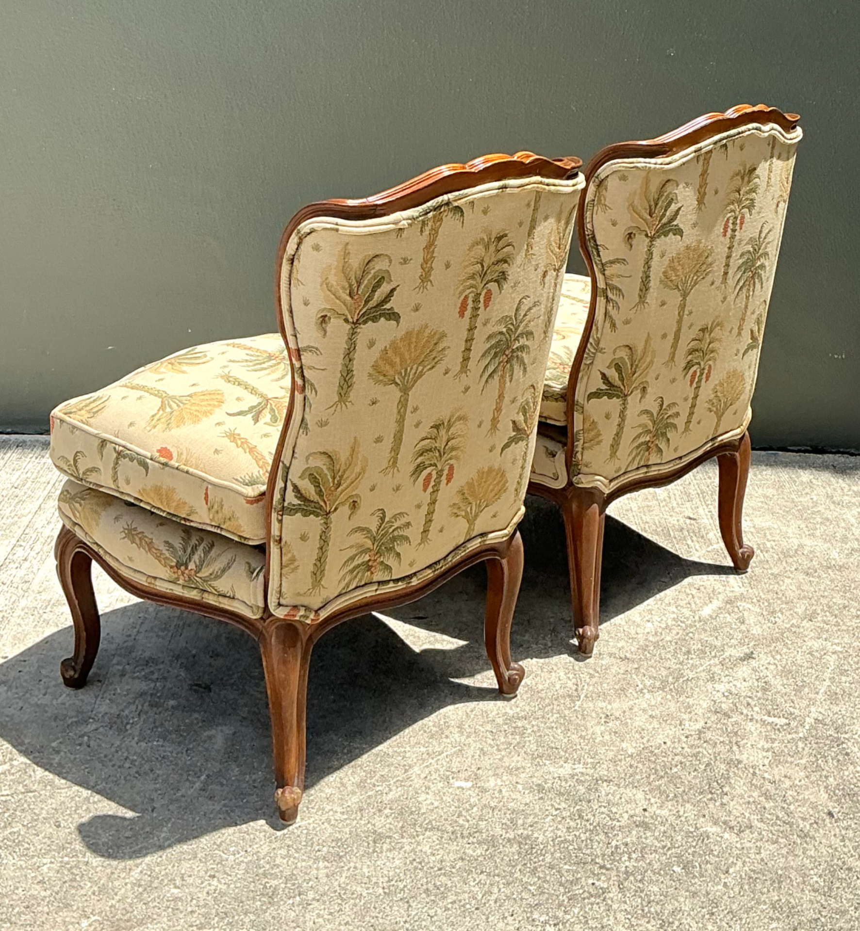 Vintage Palm Print Fabric Slipper Chairs - Pair - Side view