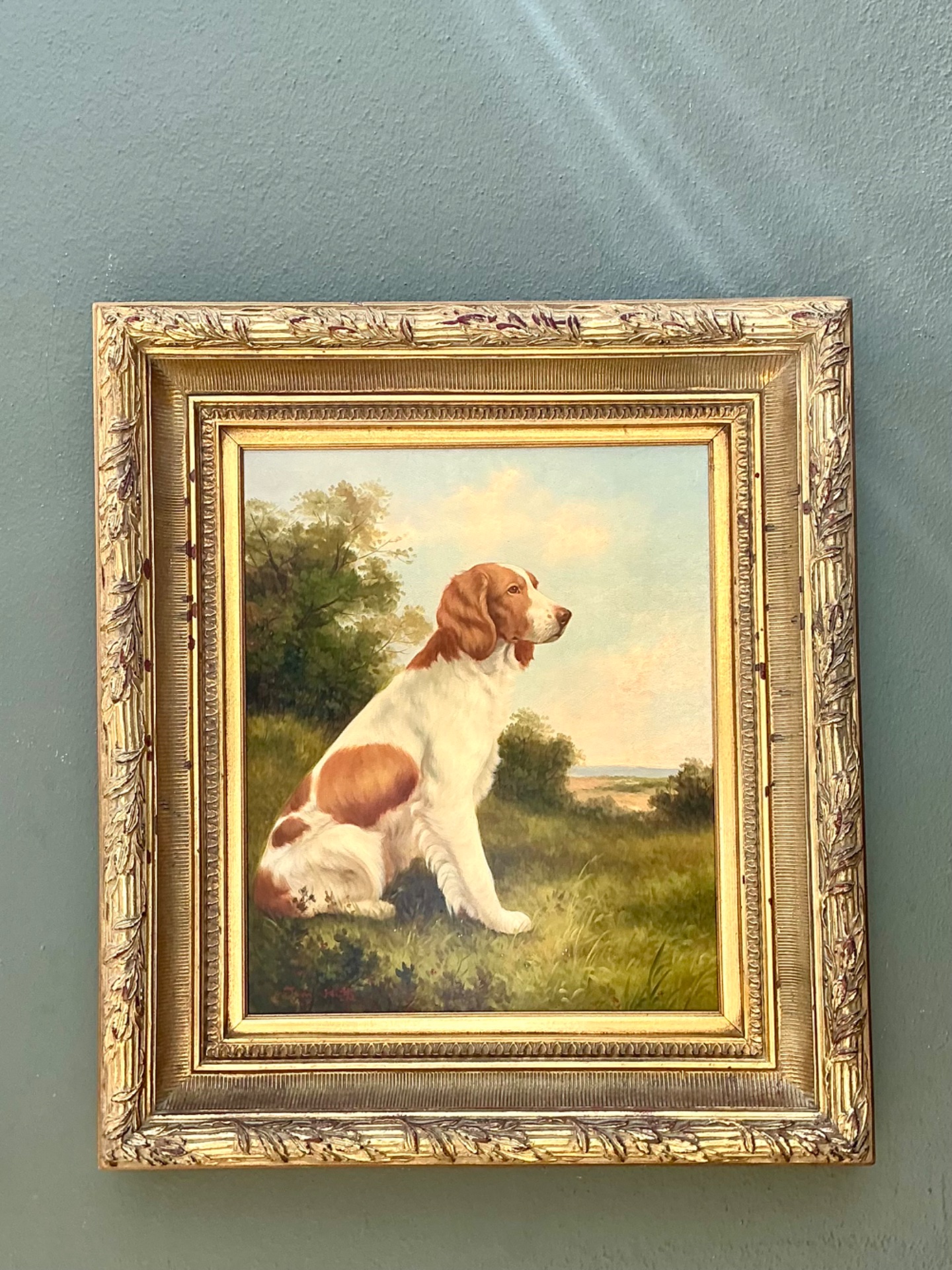 Vintage Landscape Oil Painting with Dog - Detail view