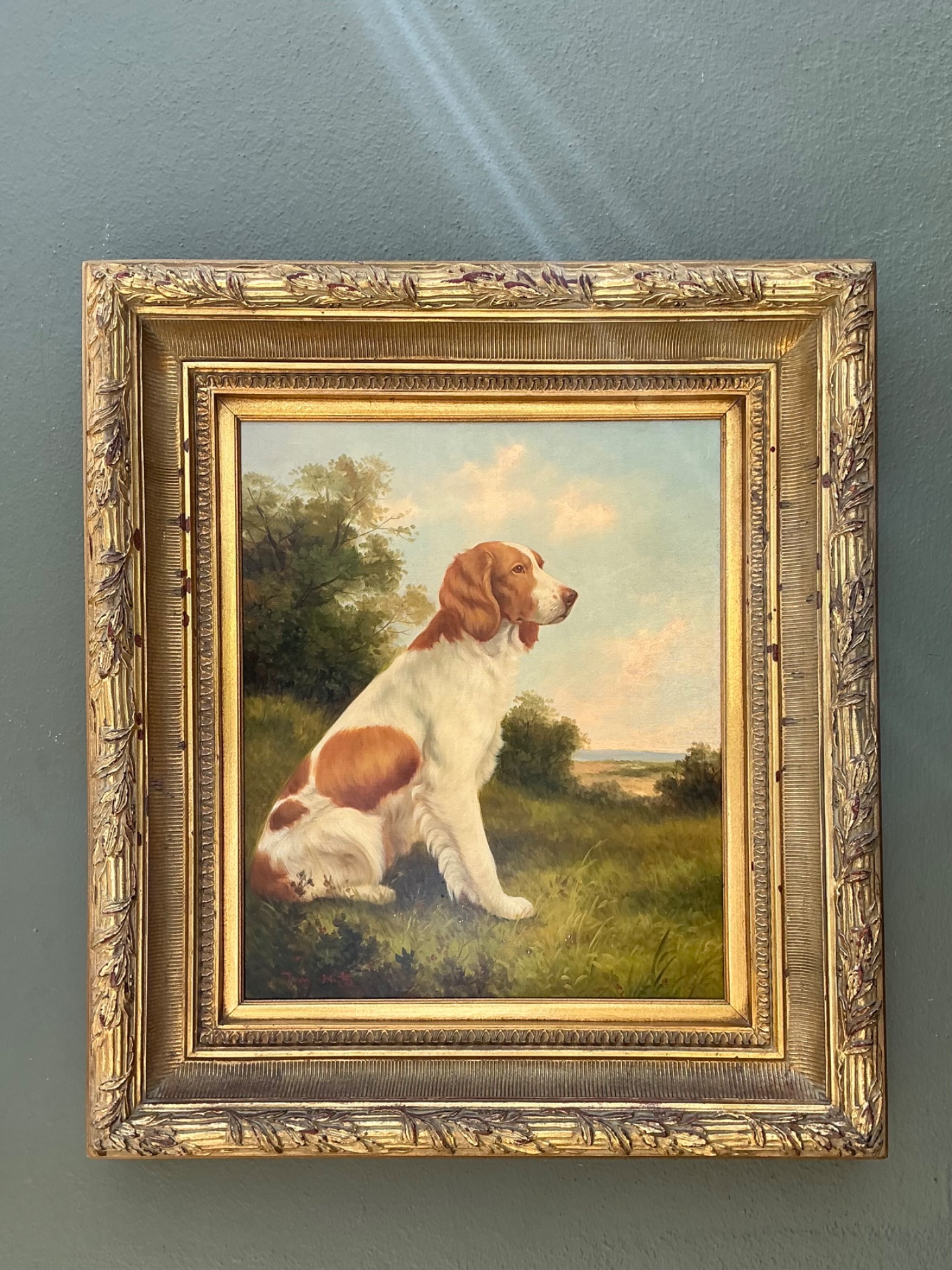 Vintage Landscape Oil Painting with Dog - Top view