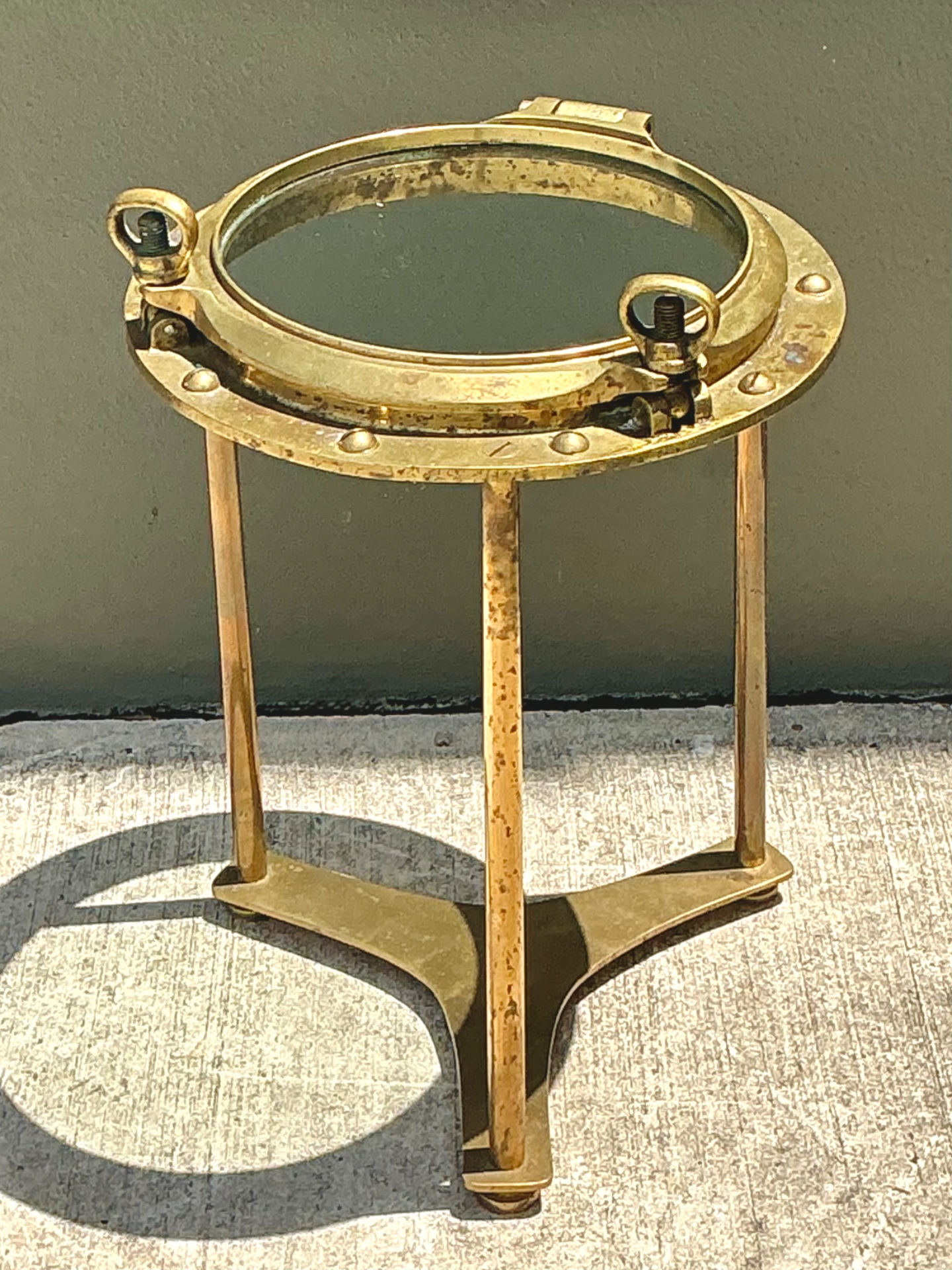 Vintage Brass and Glass Porthole Accent Table - Back view
