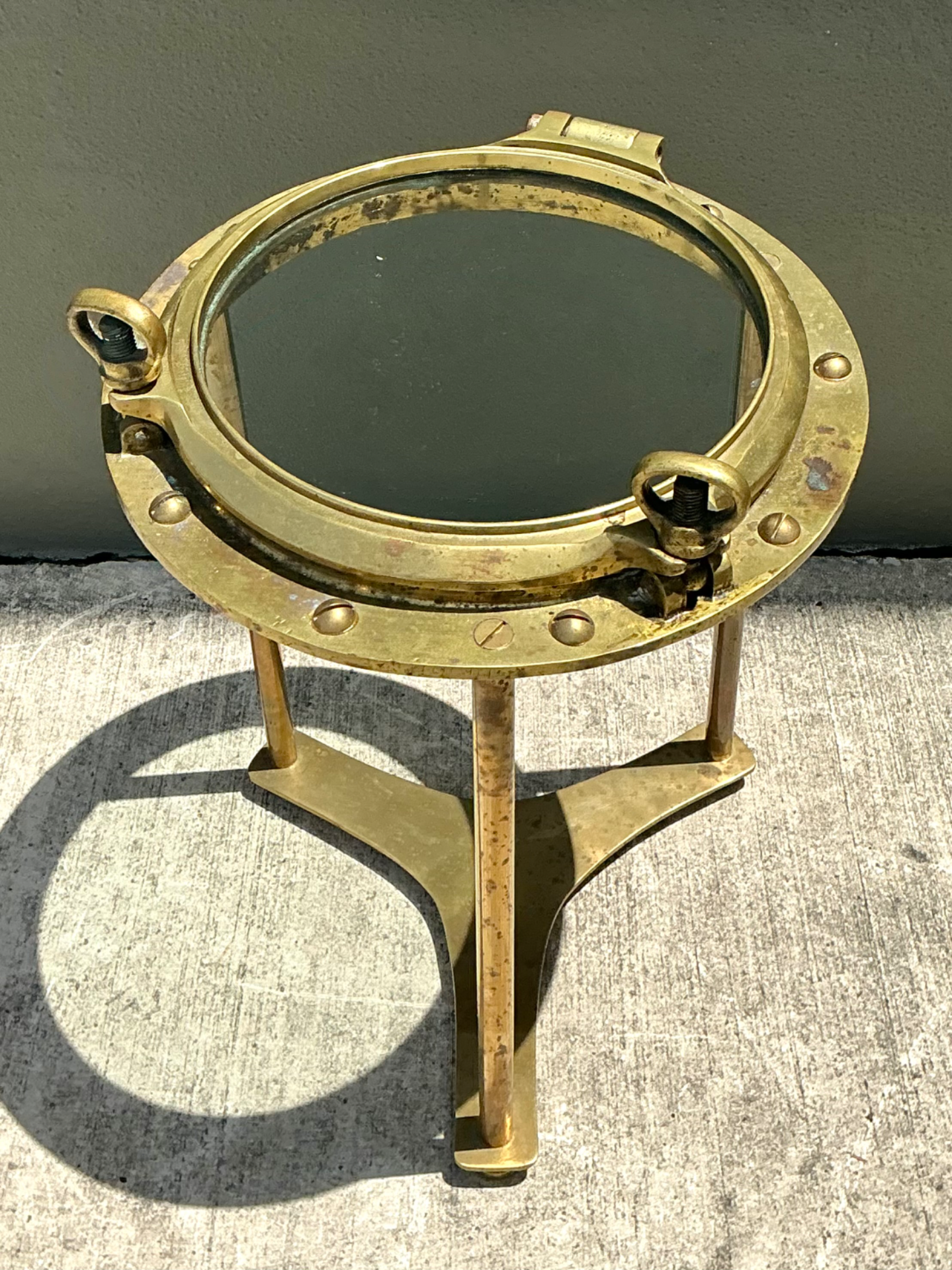 Vintage Brass and Glass Porthole Accent Table - Detail view