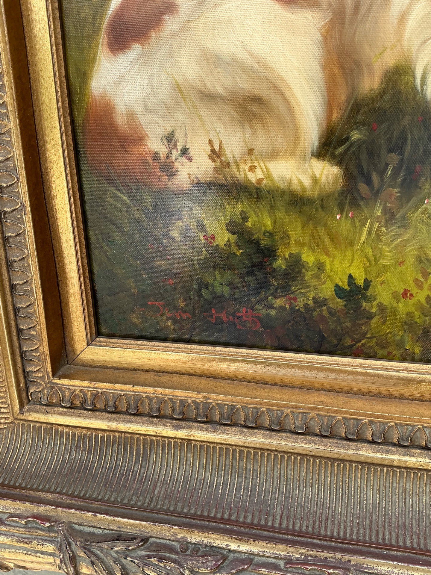 Vintage Landscape Oil Painting with Dog - Side view