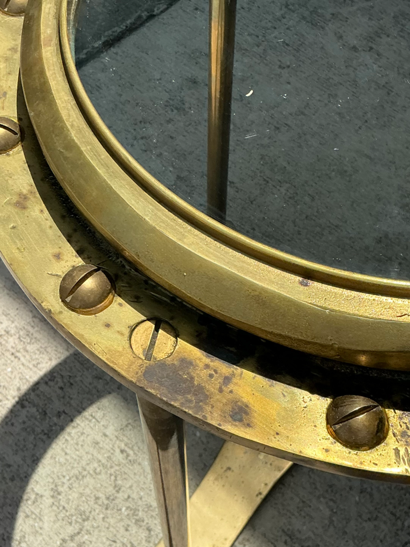 Vintage Brass and Glass Porthole Accent Table - Top view