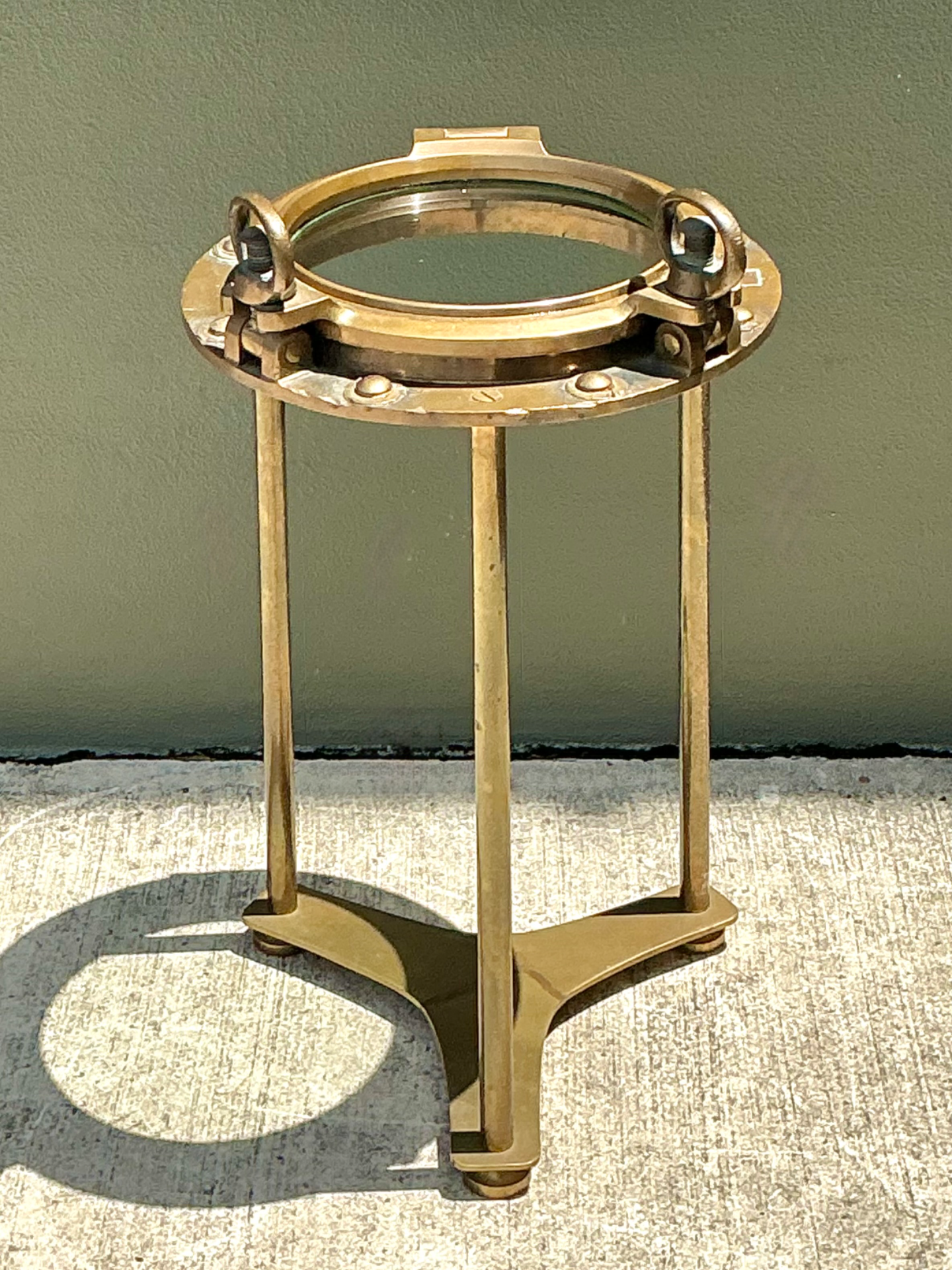 Vintage Brass and Glass Porthole Accent Table - Side view