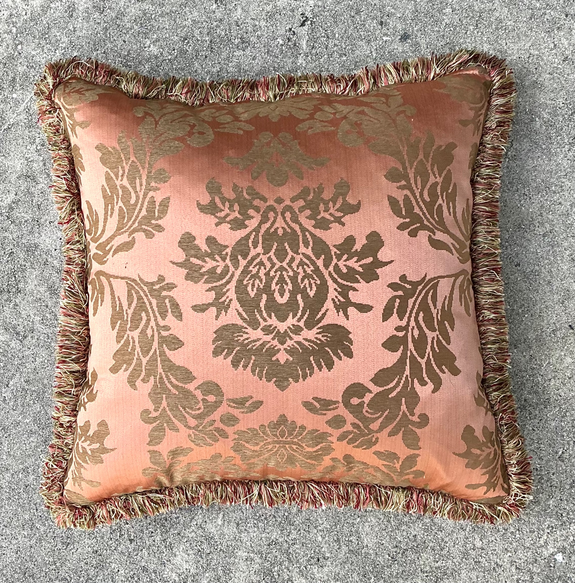 Vintage Fortuny Damask With Caterpillar Fringe Pillow - Side view