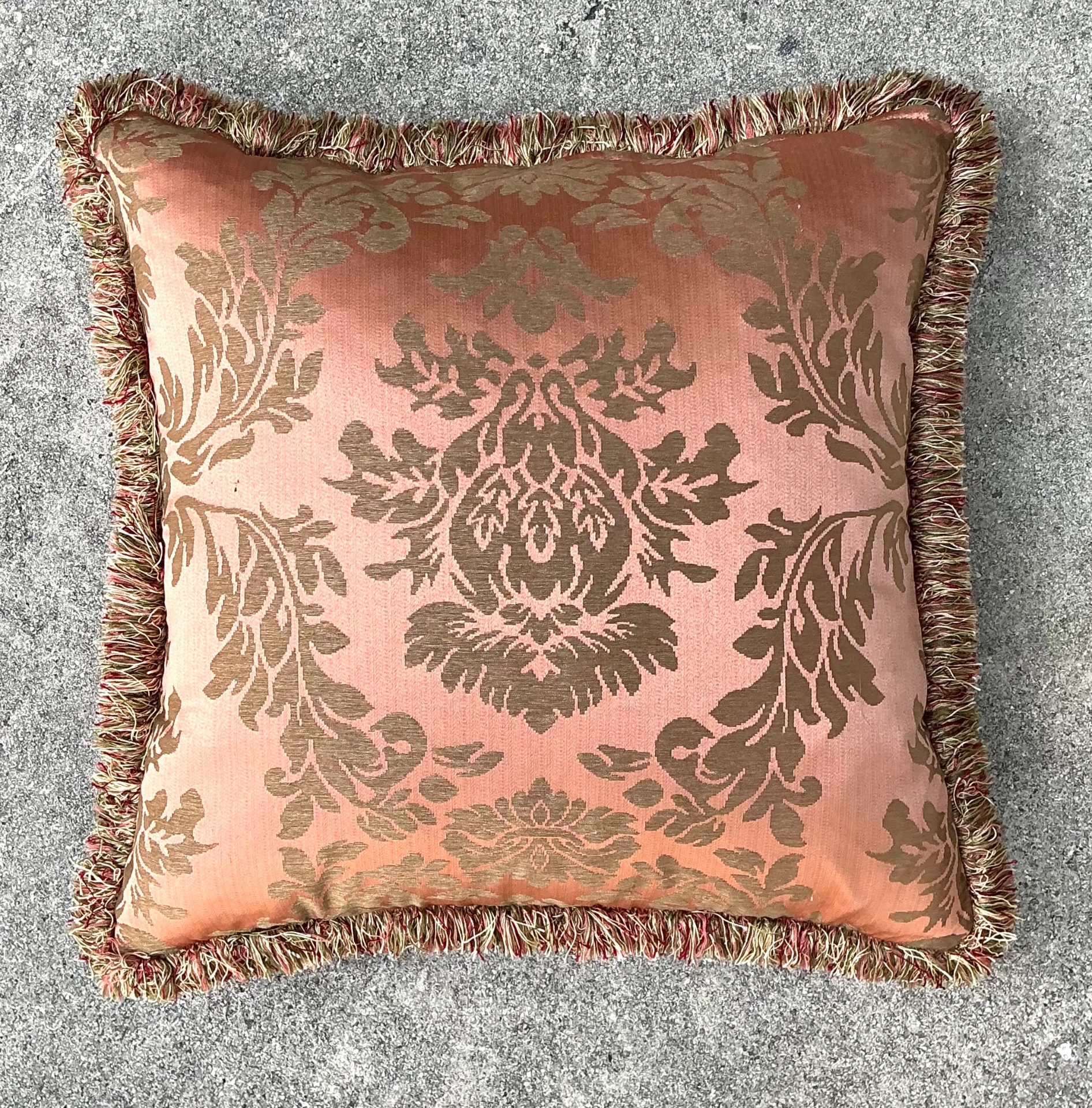 Vintage Fortuny Damask With Caterpillar Fringe Pillow - Top view