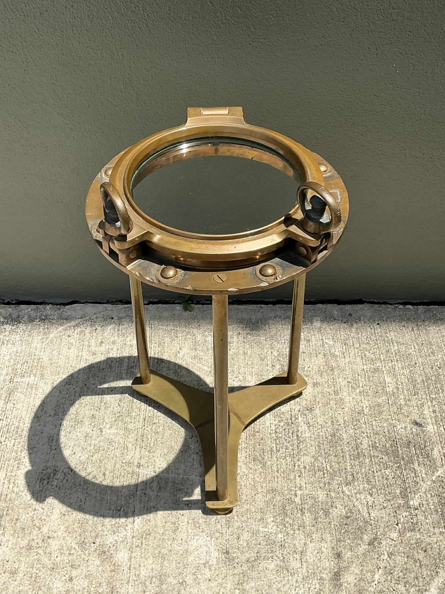 Vintage Brass and Glass Porthole Accent Table - Back view