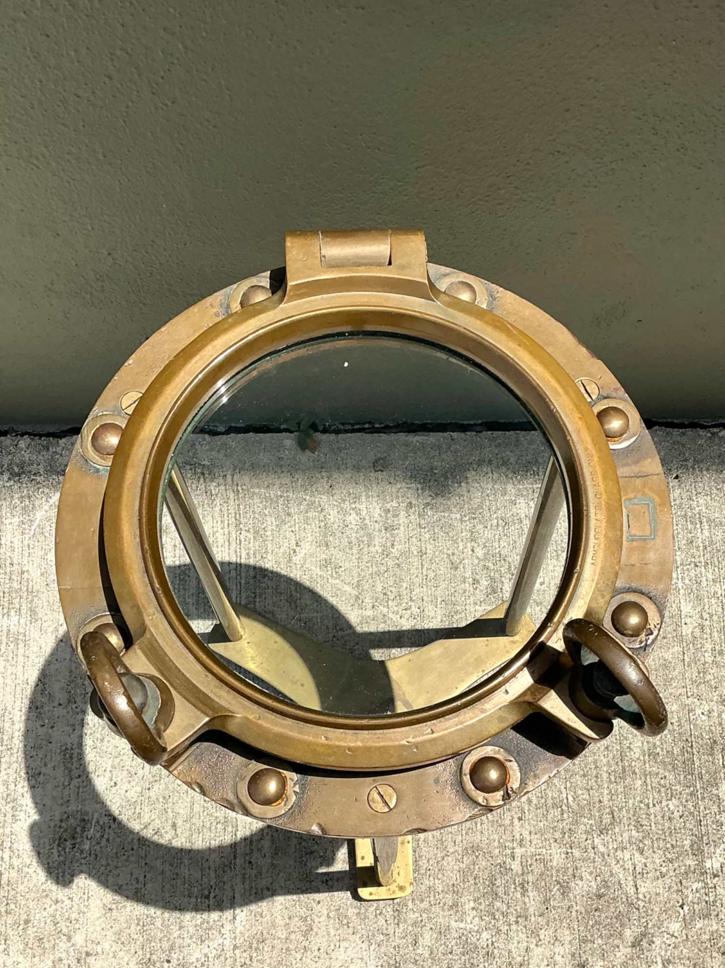 Vintage Brass and Glass Porthole Accent Table - Top view