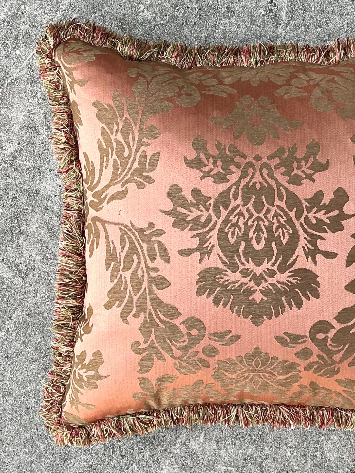 Vintage Fortuny Damask With Caterpillar Fringe Pillow - Detail view