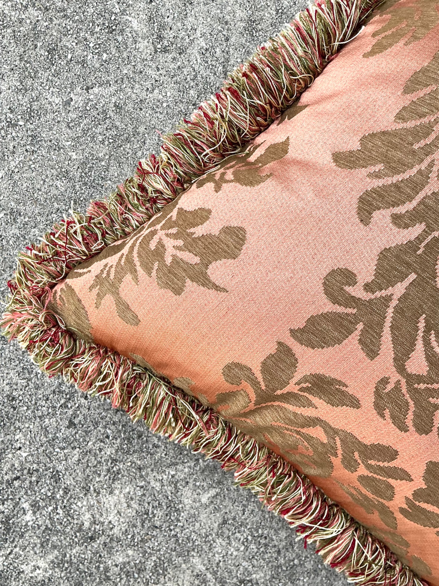 Vintage Fortuny Damask With Caterpillar Fringe Pillow - Back view