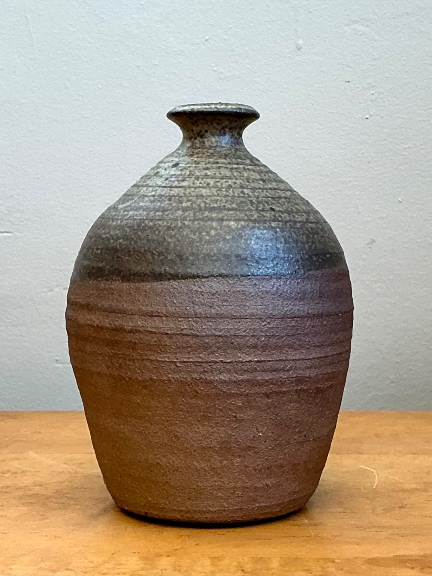 Vintage Textured Studio Pottery Vase - Stoneware, 4.5W x 6.25H - Back view