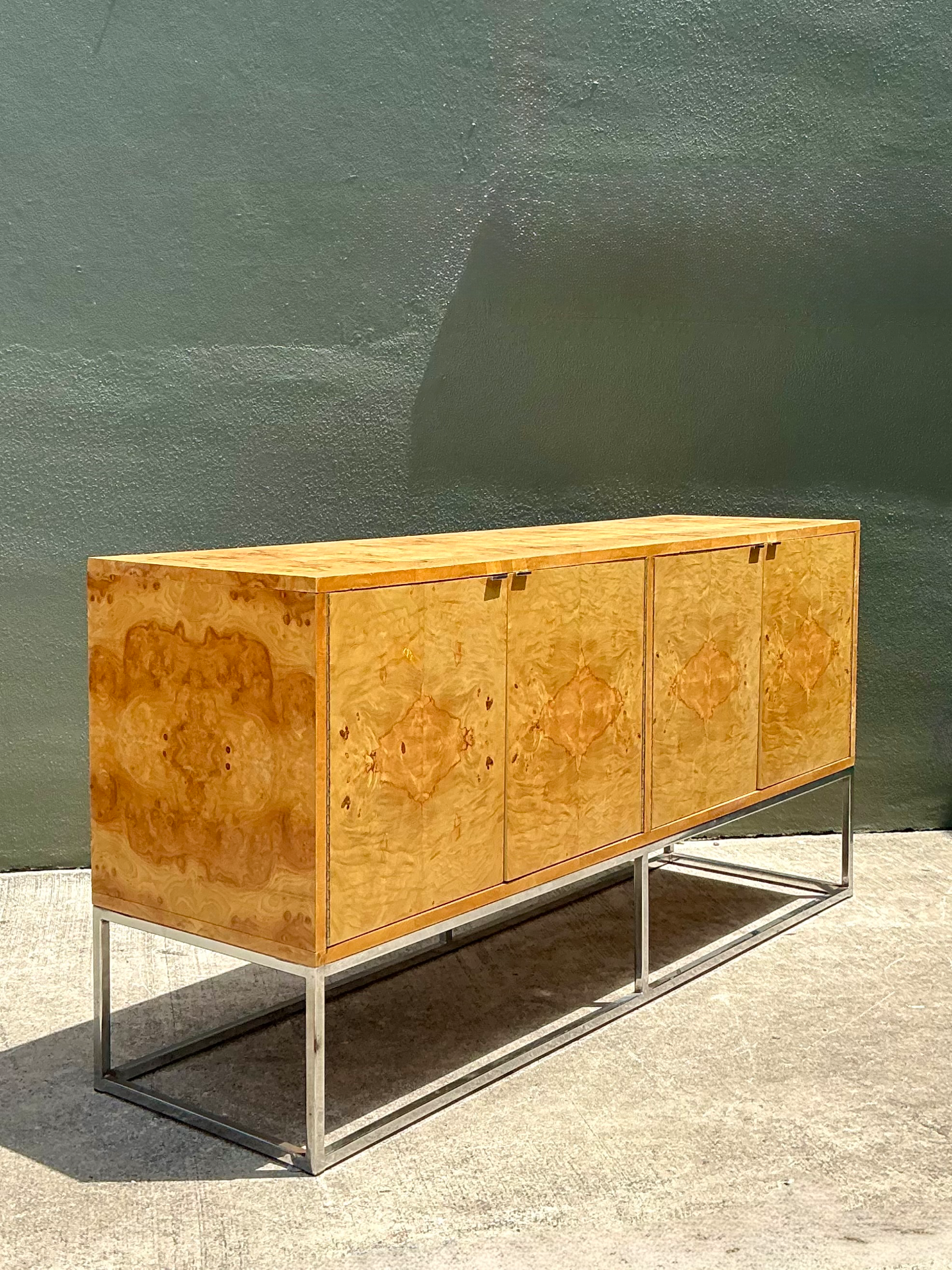 Vintage Bernhardt “Flair” Burl Wood Credenza on Chrome Base - Detail view