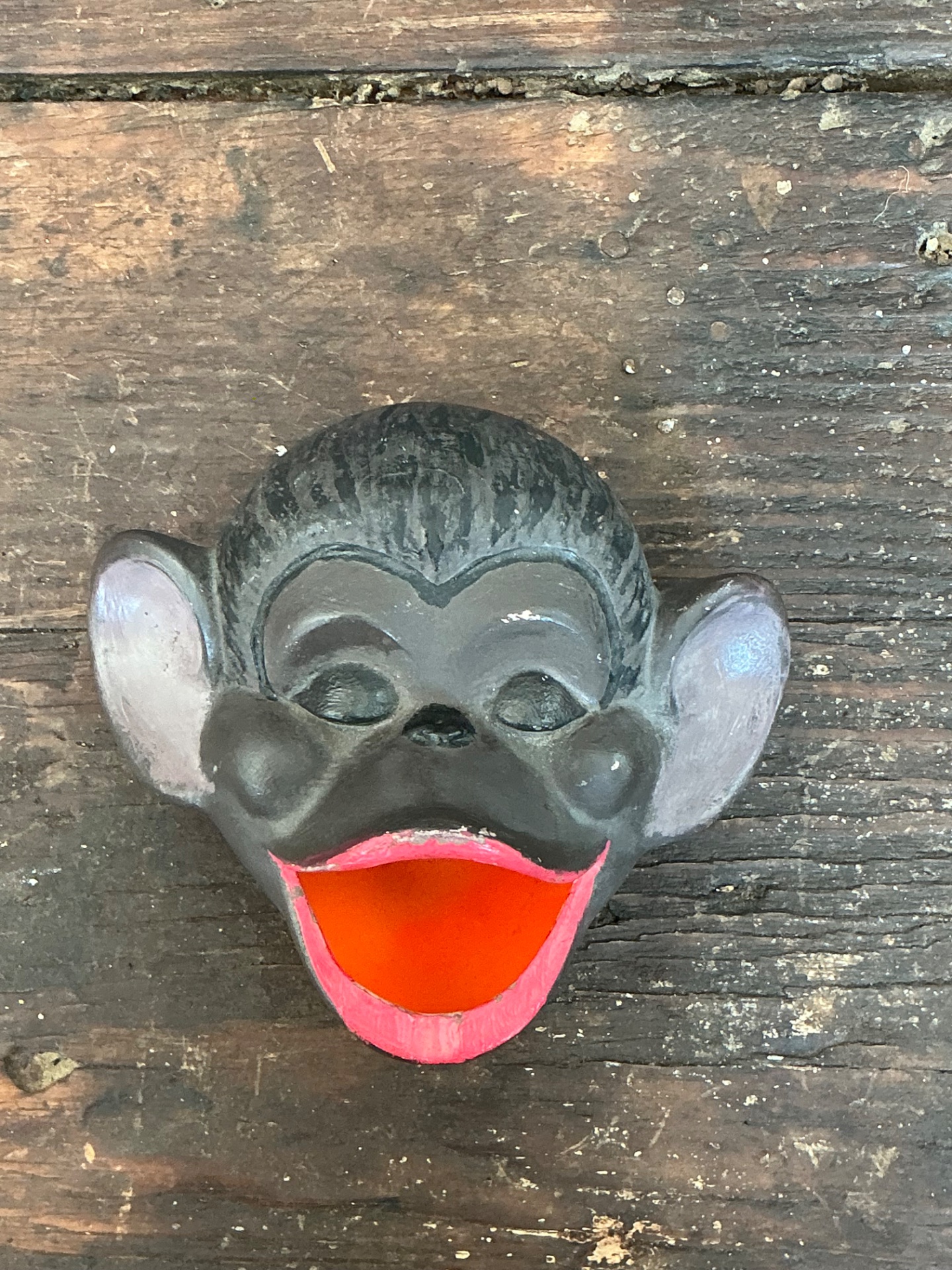 Vintage Painted Monkey Head Wall Pocket - Top view
