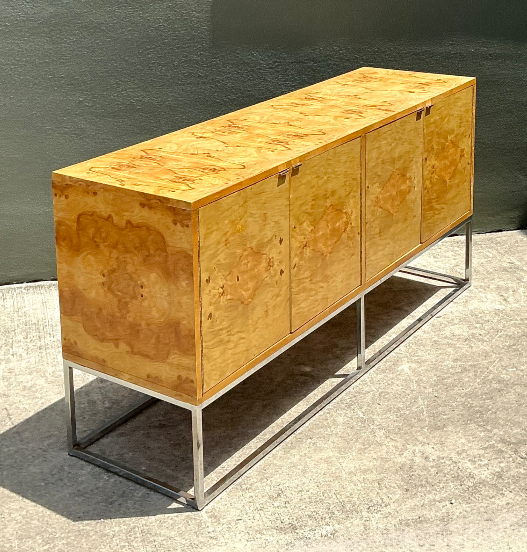 Vintage Bernhardt “Flair” Burl Wood Credenza on Chrome Base - Side view