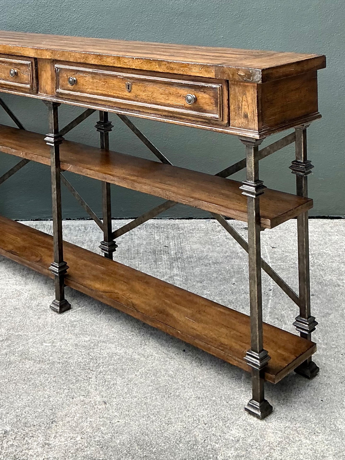 Vintage Stanley Wood and Iron Console Table - Side view