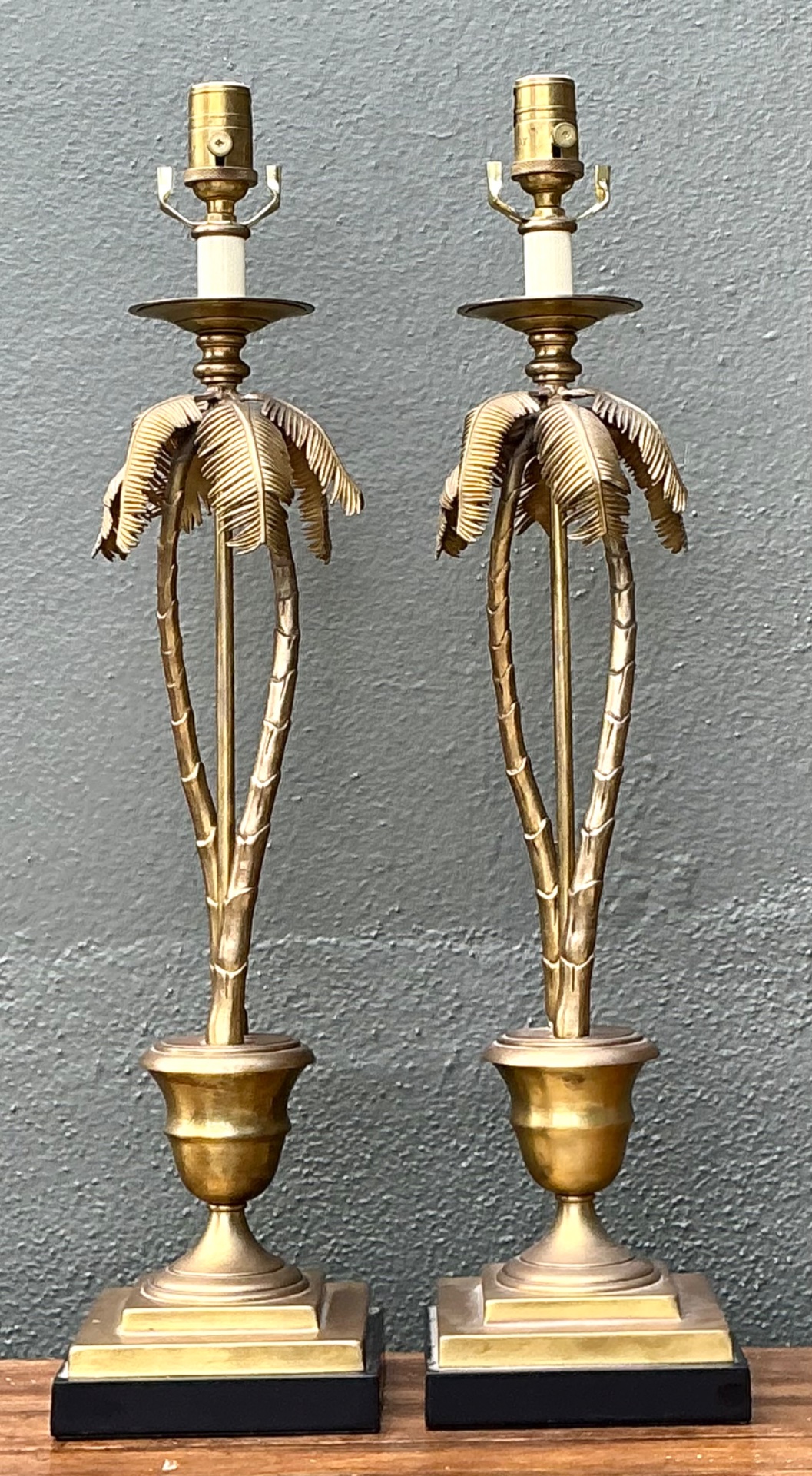 Vintage Palm Tree Brass Table Lamps - Pair - Detail view