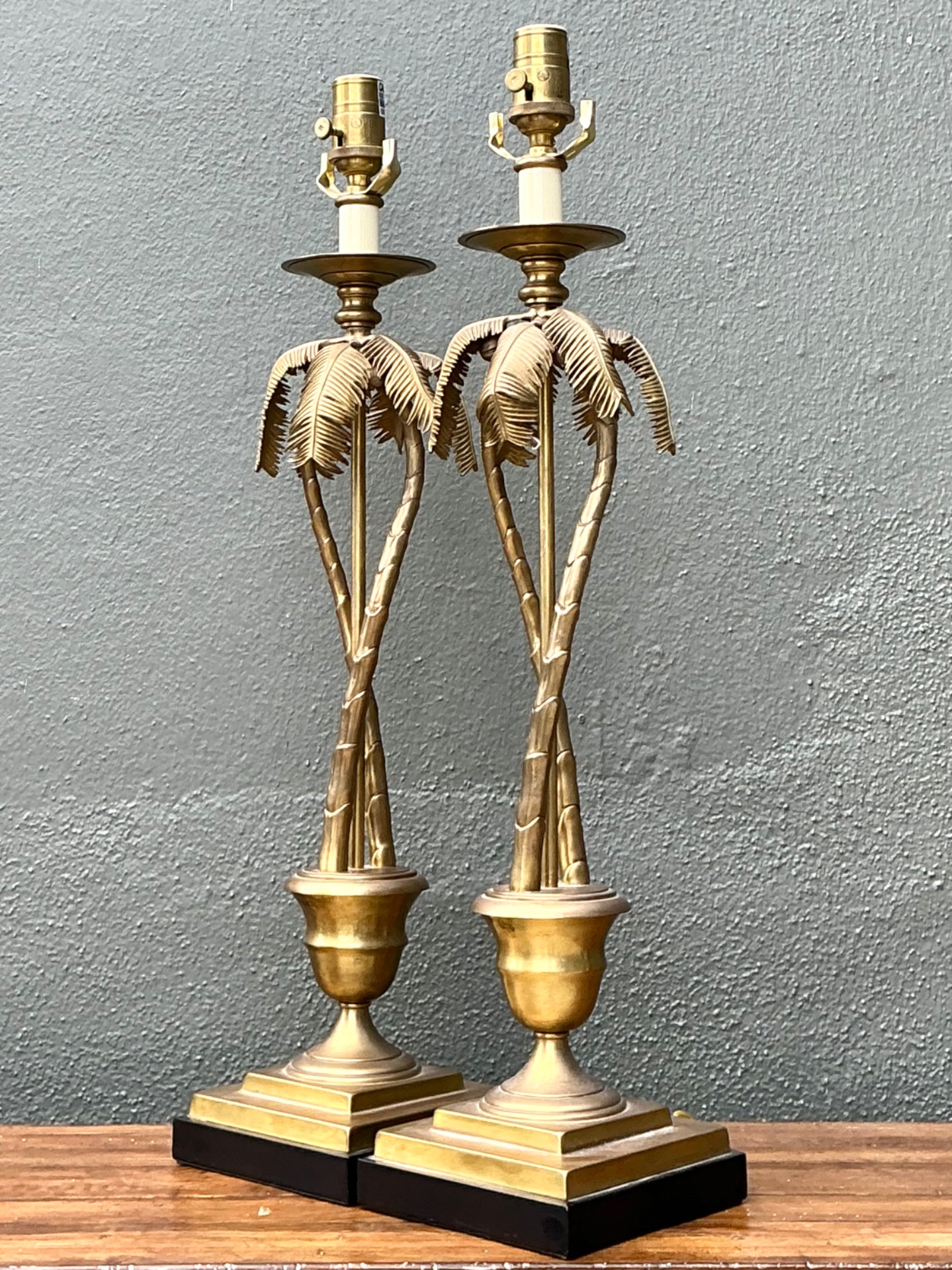 Vintage Palm Tree Brass Table Lamps - Pair - Side view