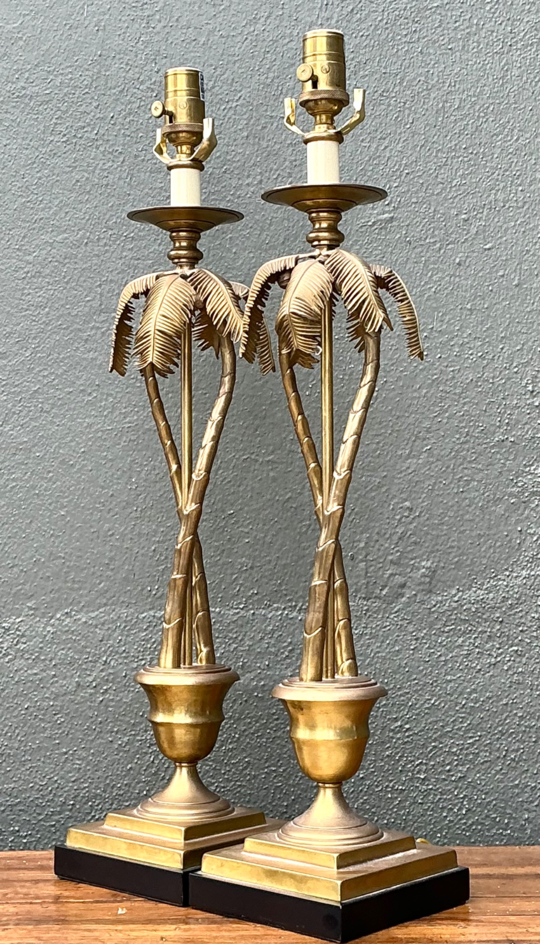 Vintage Palm Tree Brass Table Lamps - Pair - Top view