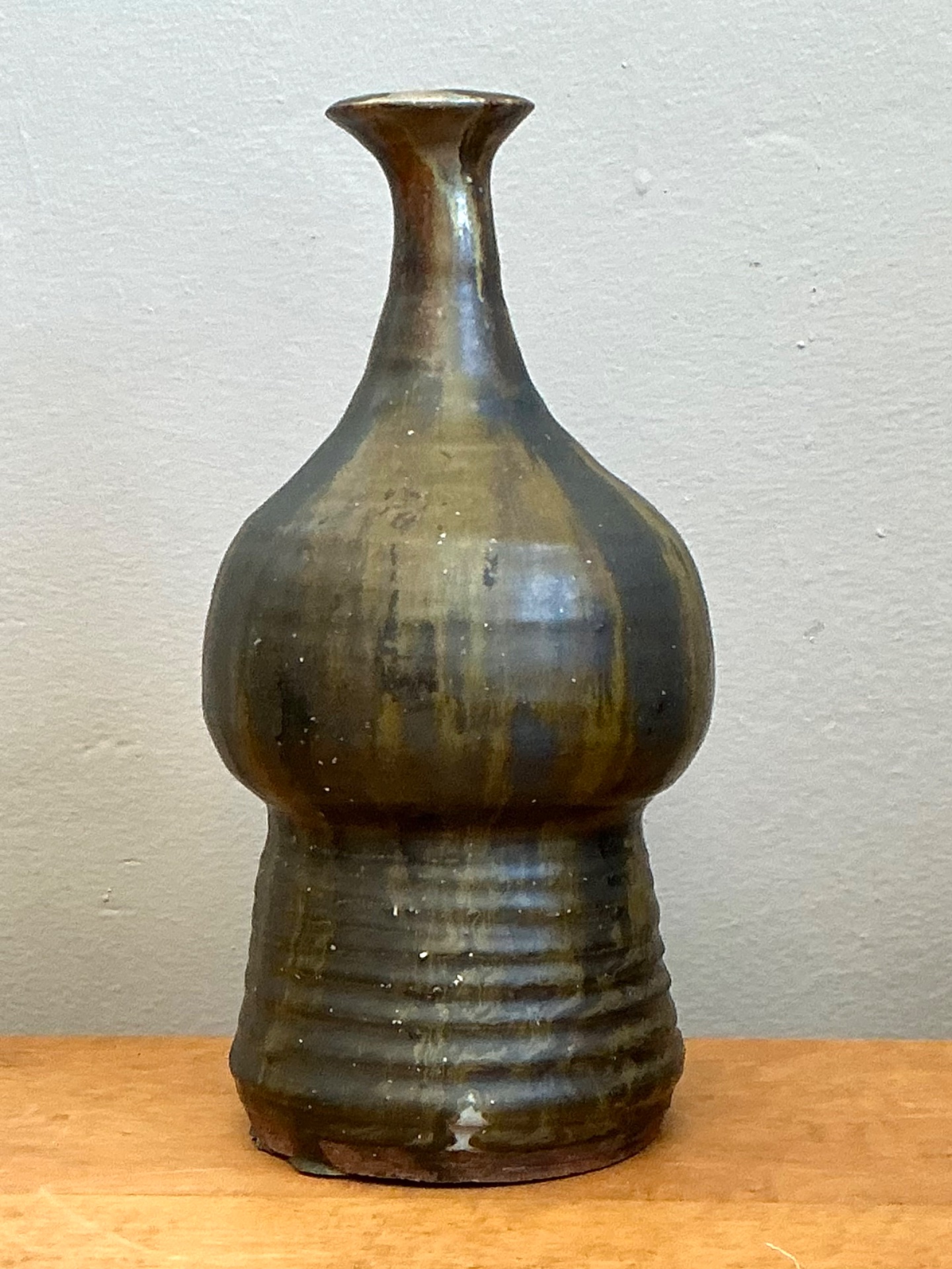 Vintage Textured Studio Pottery Vase - Stoneware, 5W x 9.75H - Side view