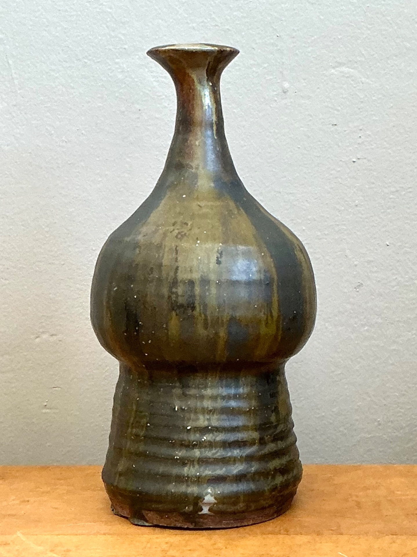 Vintage Textured Studio Pottery Vase - Stoneware, 5W x 9.75H - Top view