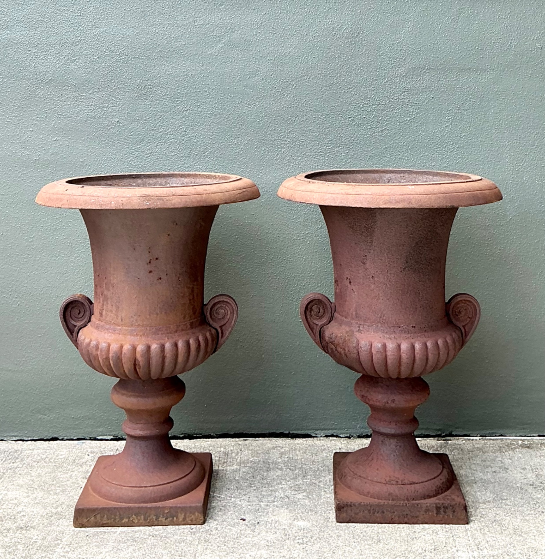 Vintage Cast Iron Garden Urns - Pair - Side view