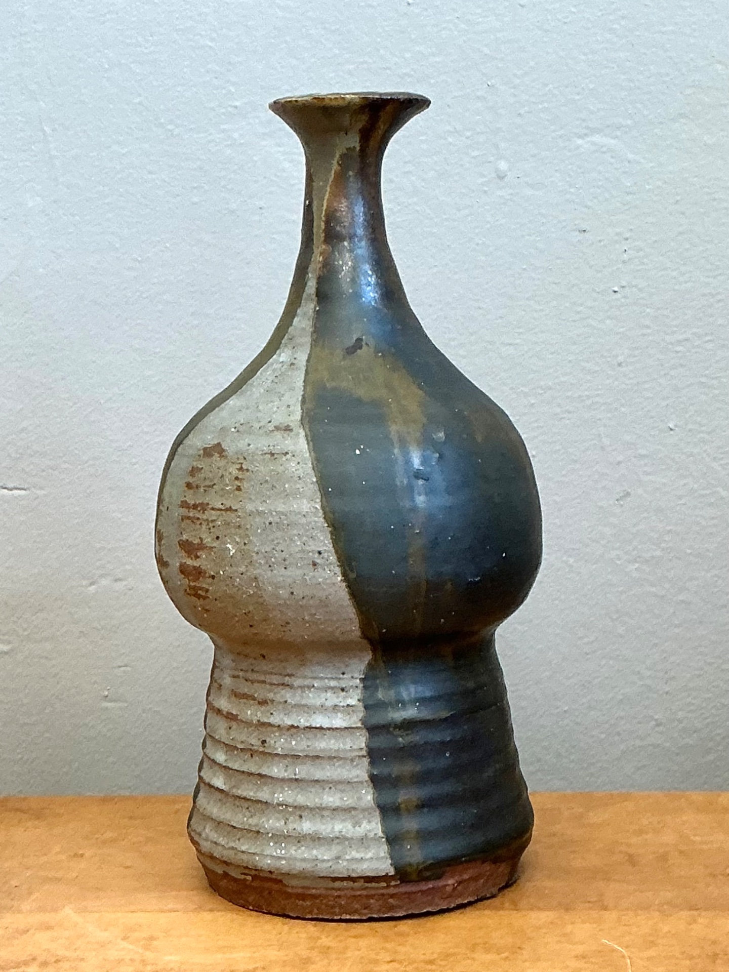 Vintage Textured Studio Pottery Vase - Stoneware, 5W x 9.75H - Back view