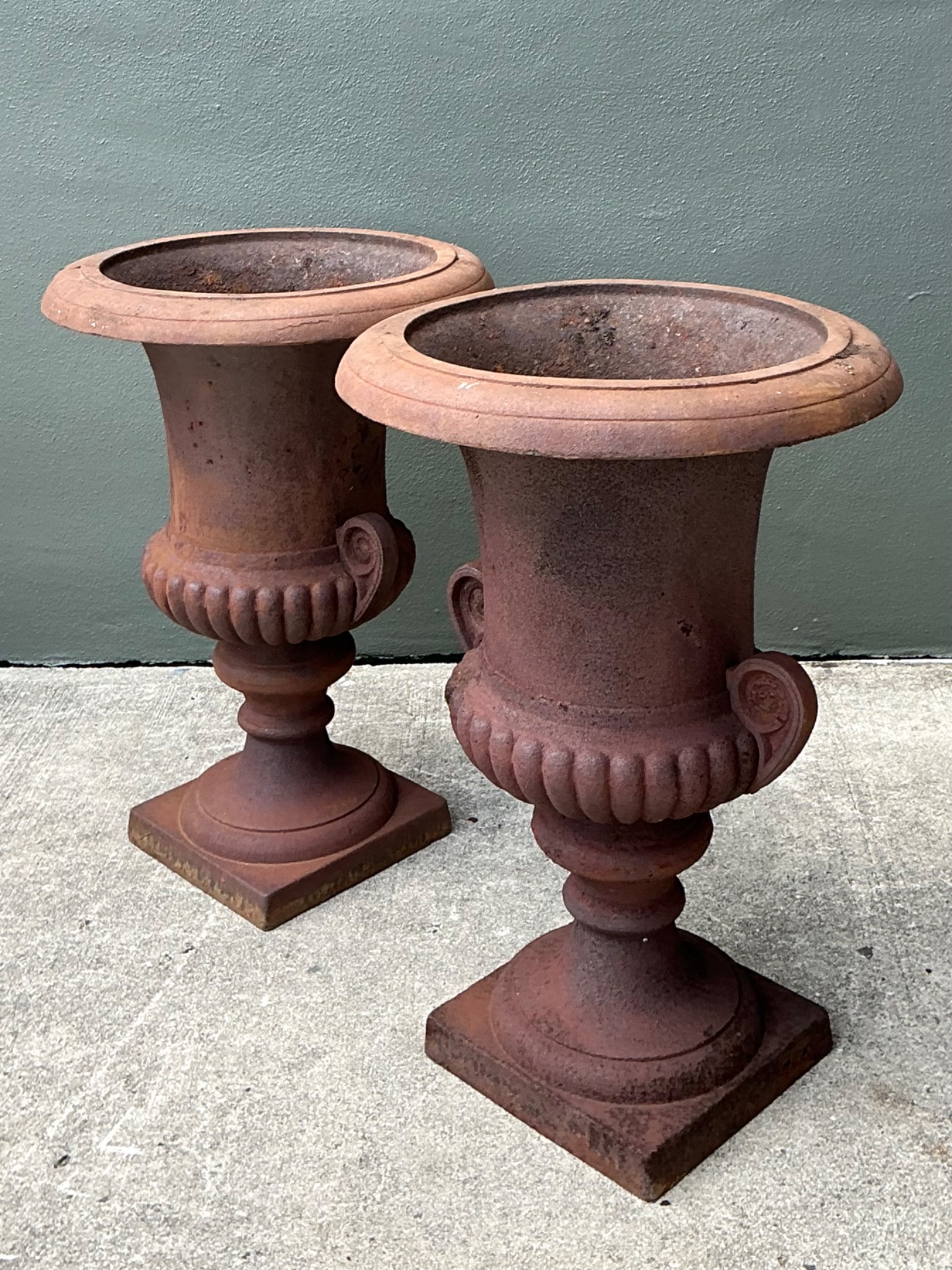 Vintage Cast Iron Garden Urns - Pair - Back view