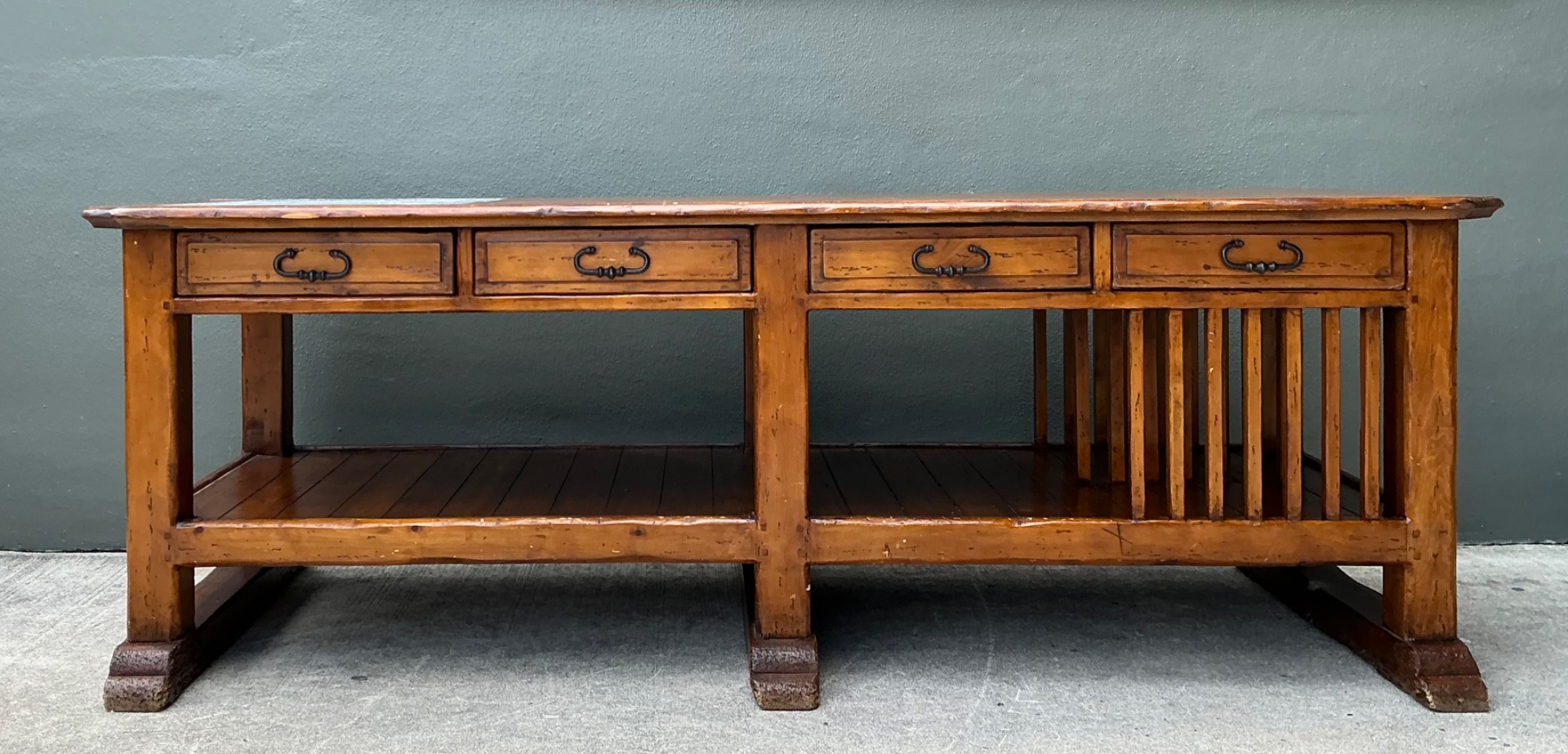 Vintage Monumental Rustic Wood and Marble Console Table - Back view