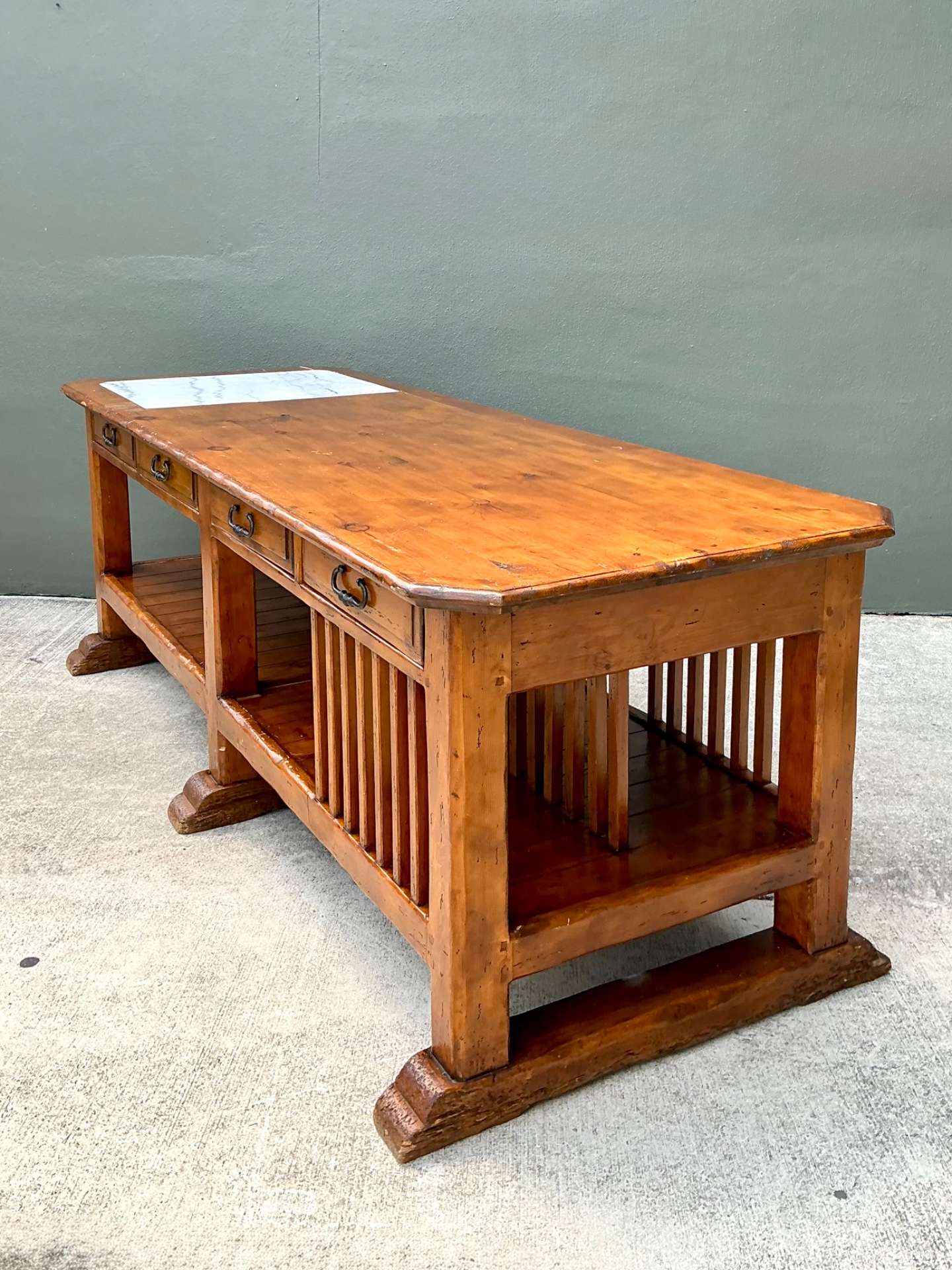 Vintage Monumental Rustic Wood and Marble Console Table - Side view