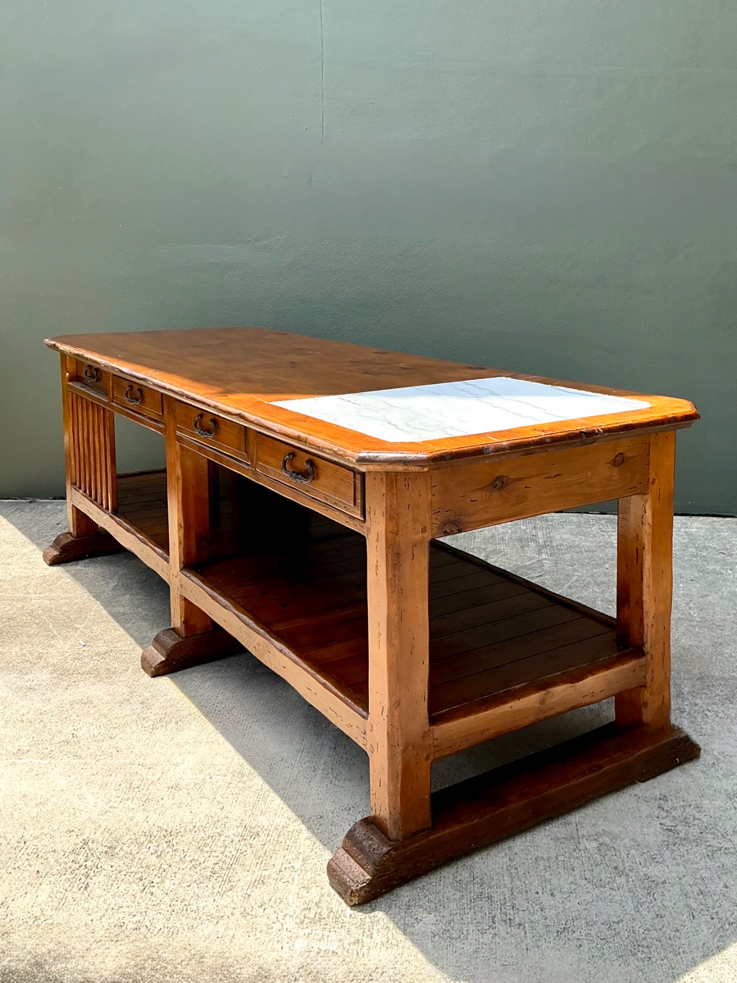 Vintage Monumental Rustic Wood and Marble Console Table - Top view