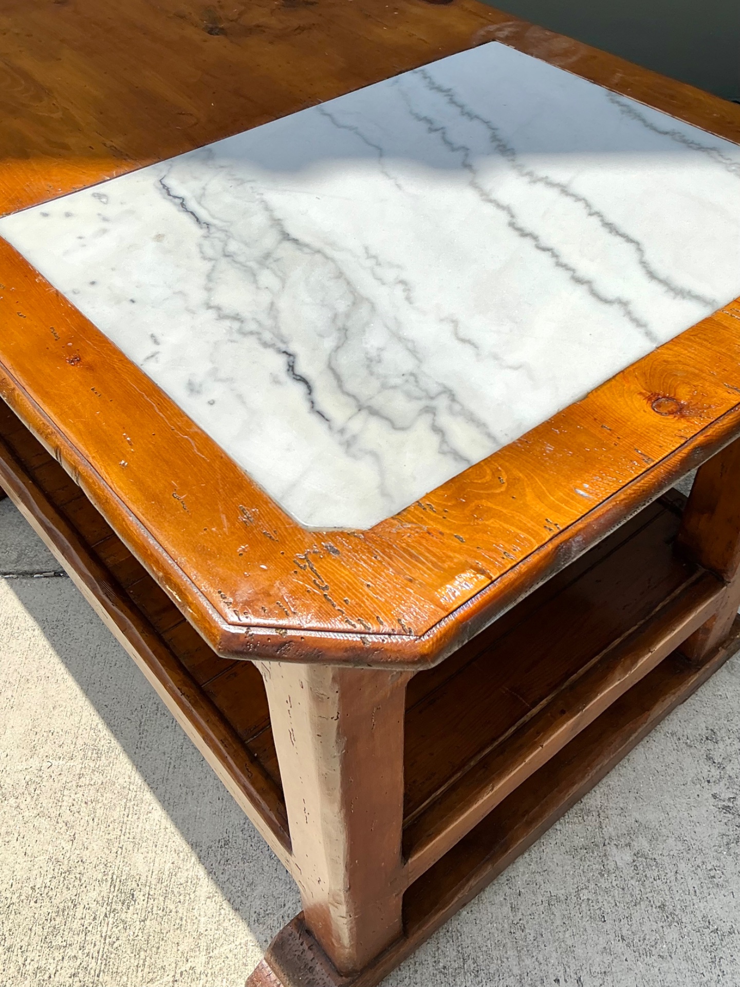 Vintage Monumental Rustic Wood and Marble Console Table - Detail view