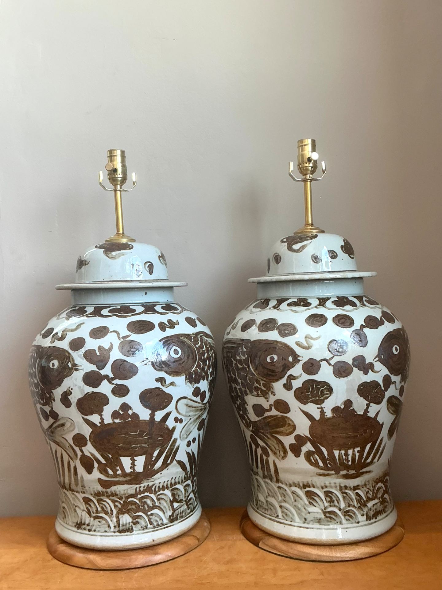 Vintage Hand-Painted Ceramic Ginger Jar Lamps - Pair - Side view