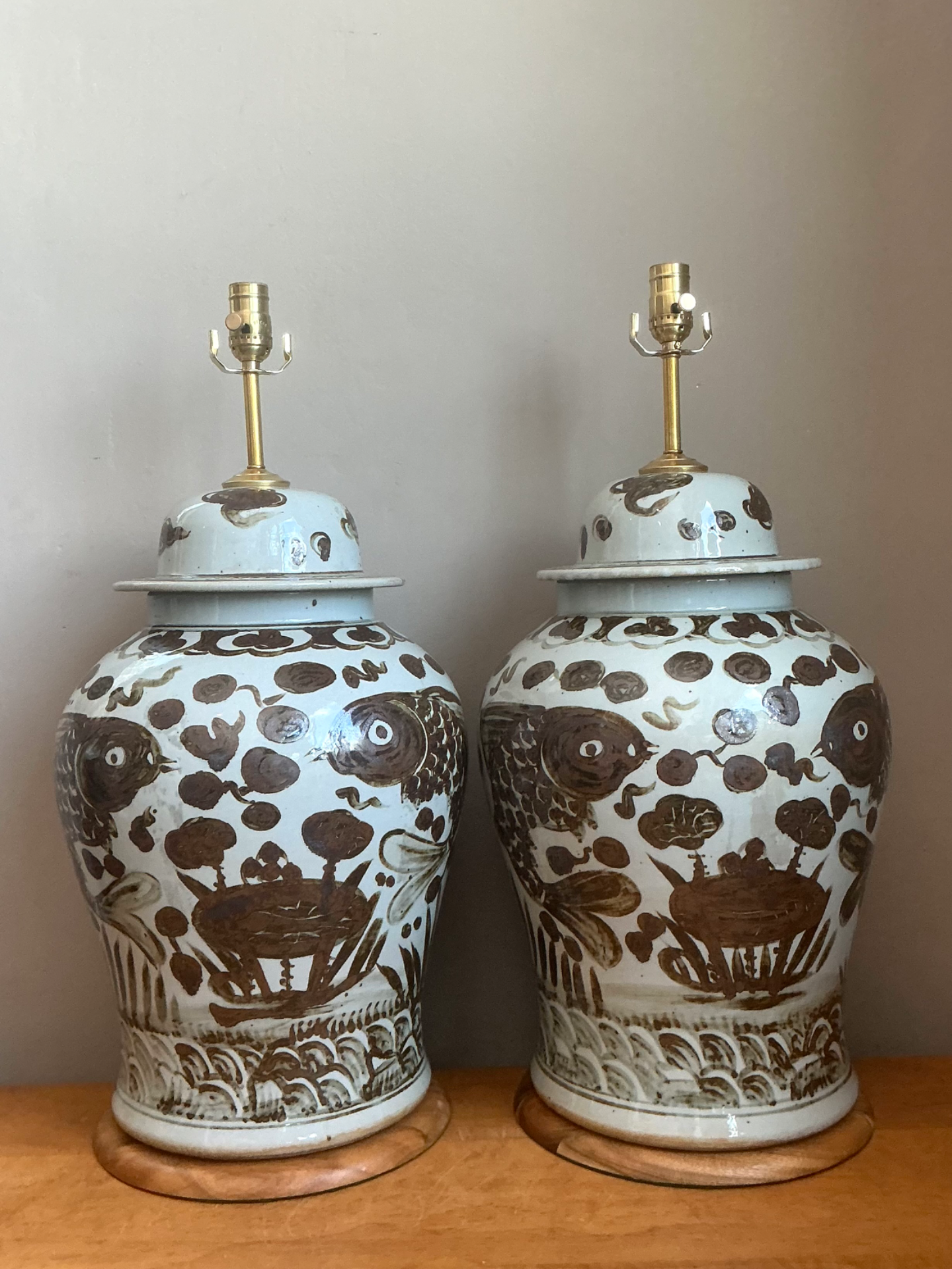 Vintage Hand-Painted Ceramic Ginger Jar Lamps - Pair - Top view