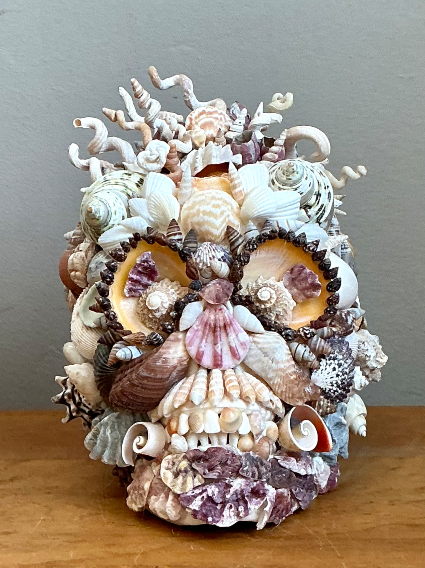 Vintage Seashell Encrusted Skull Sculpture - Detail view