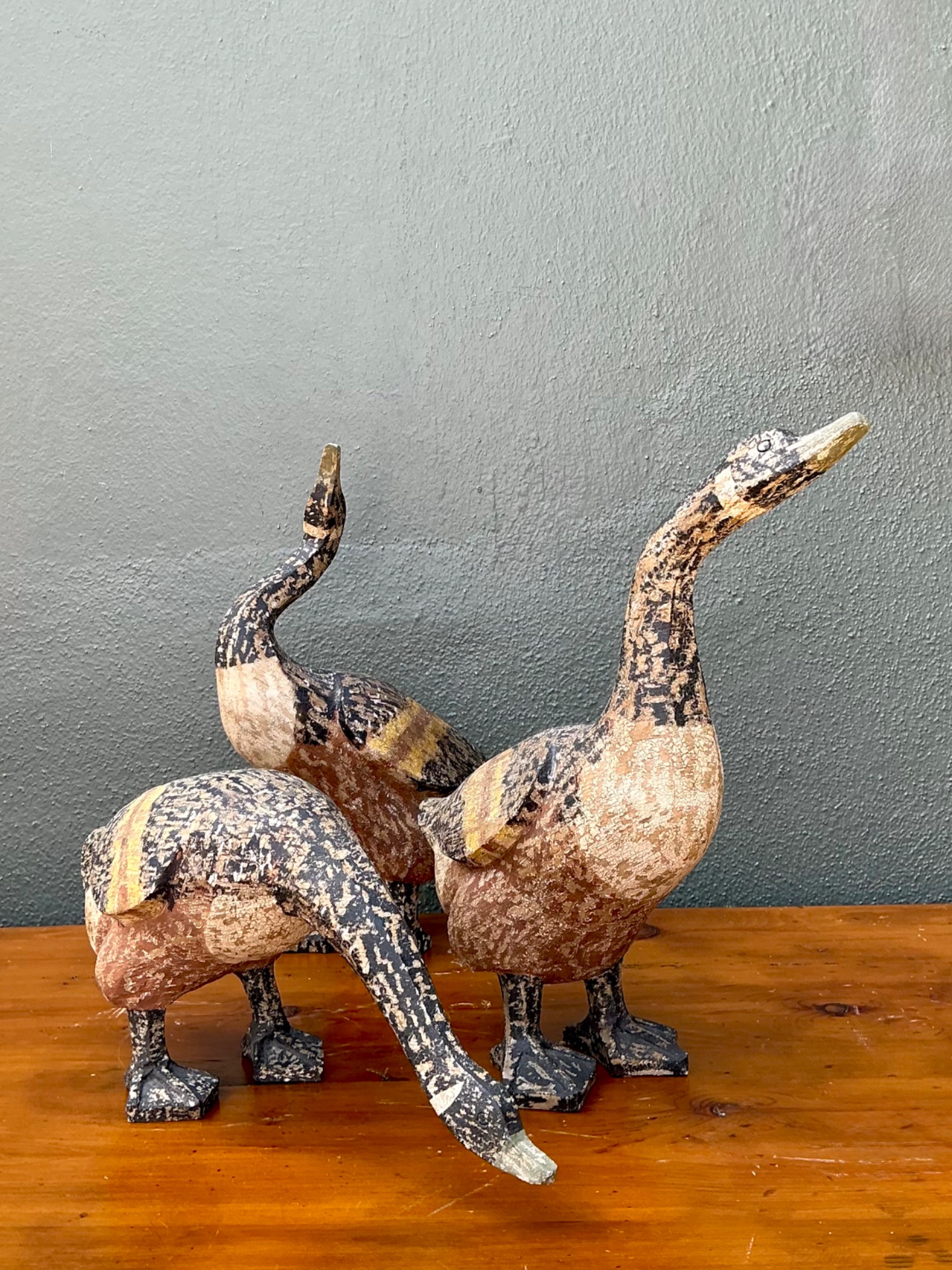 Vintage Carved Wood Goose Sculptures - Set of 3 - Side view